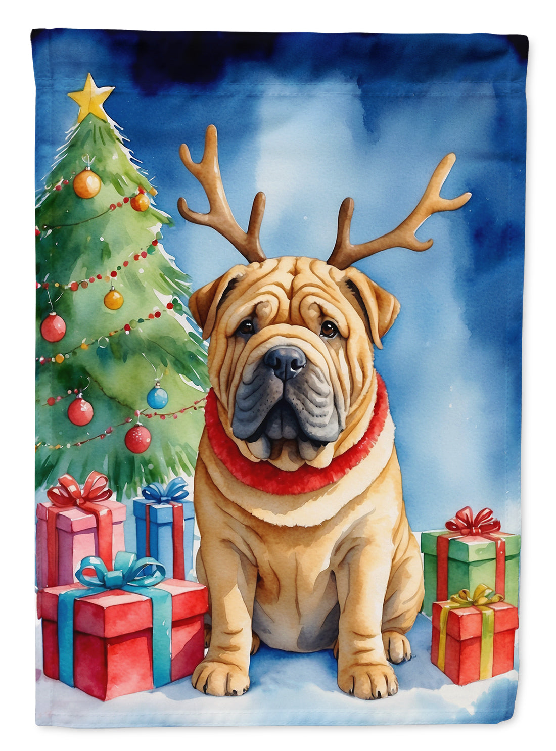Shar Pei Christmas Reindeer House Flag 28x40 Porch Sleeve Pole Decorative Outside Yard Banner Artwork Wall Hanging, Polyester