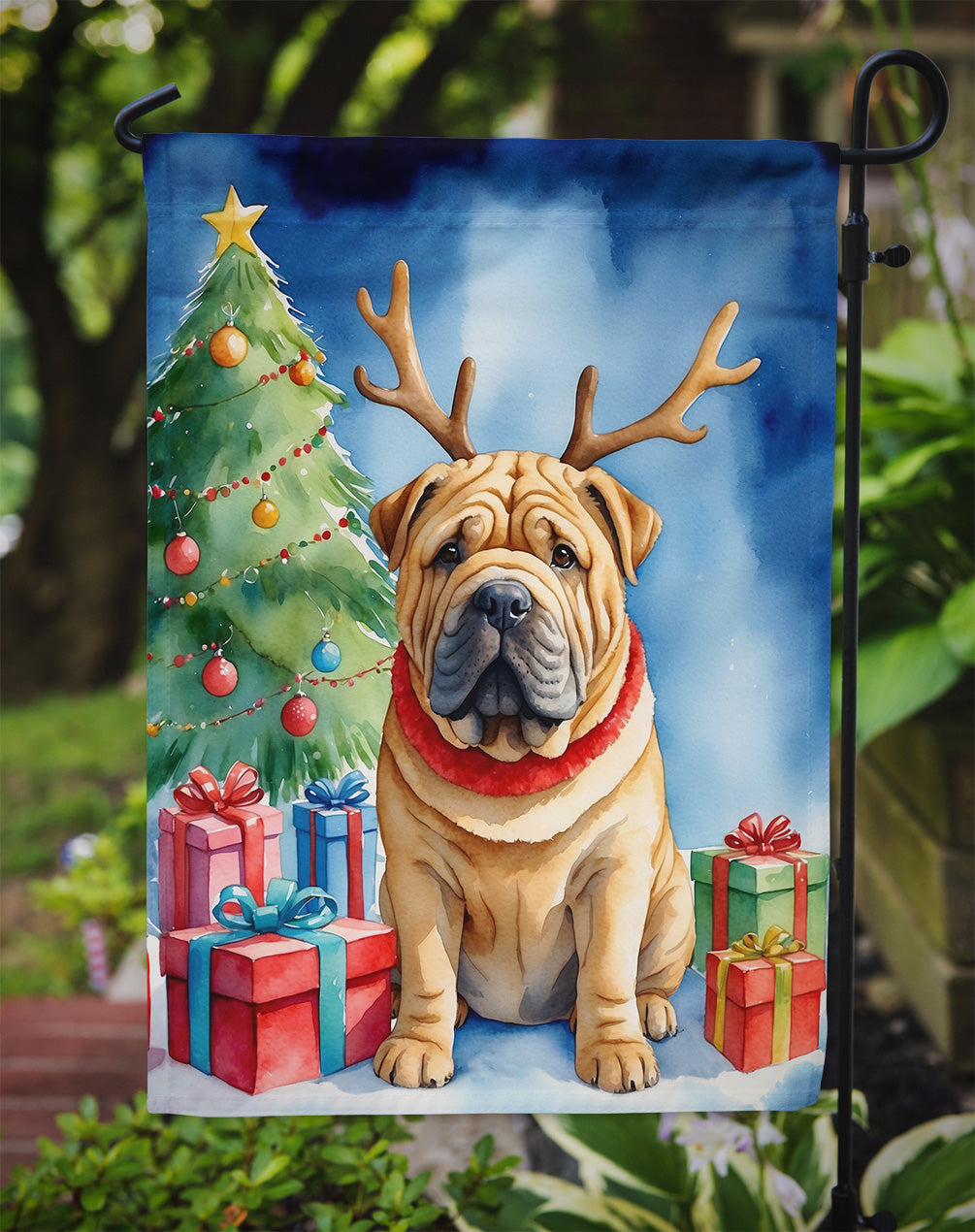 Shar Pei Christmas Reindeer Garden Flag Mailbox Decorative Yard Banner Outside Patio Artwork for Flower Beds, Garden Size, Multicolor