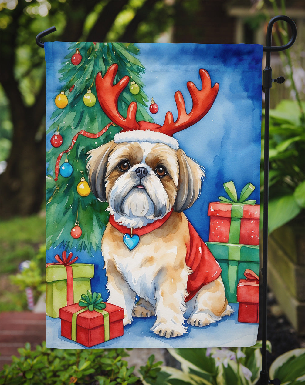 Shih Tzu Christmas Reindeer Garden Flag Mailbox Decorative Yard Banner Outside Patio Artwork for Flower Beds, Garden Size, Multicolor