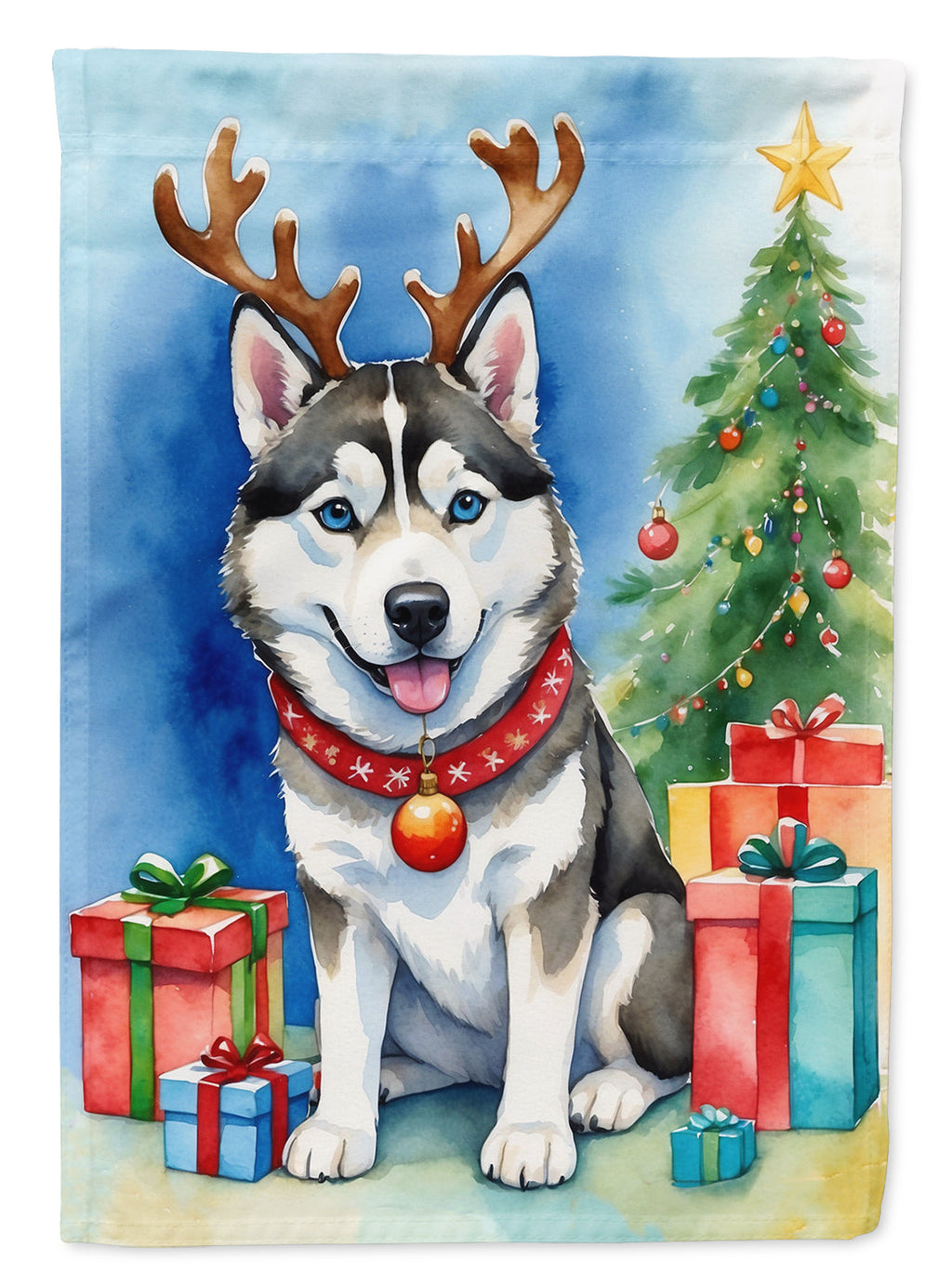 Siberian Husky Christmas Reindeer House Flag 28x40 Porch Sleeve Pole Decorative Outside Yard Banner Artwork Wall Hanging, Polyester