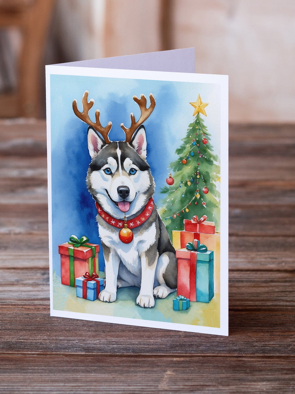 Siberian Husky Christmas Reindeer Greeting Cards Pack of 8 Blank Cards with Envelopes Whimsical A7 Size 5x7