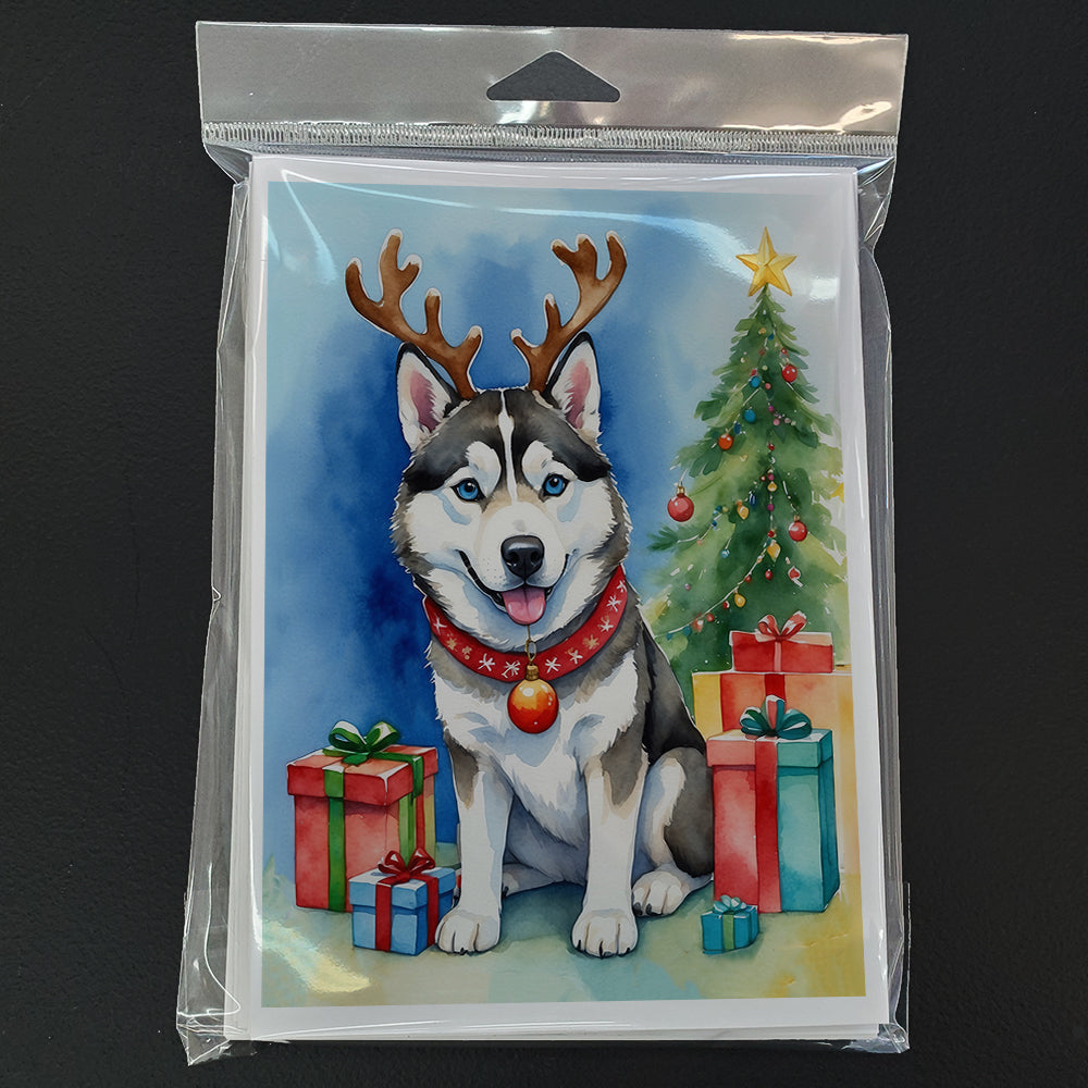 Siberian Husky Christmas Reindeer Greeting Cards Pack of 8 Blank Cards with Envelopes Whimsical A7 Size 5x7