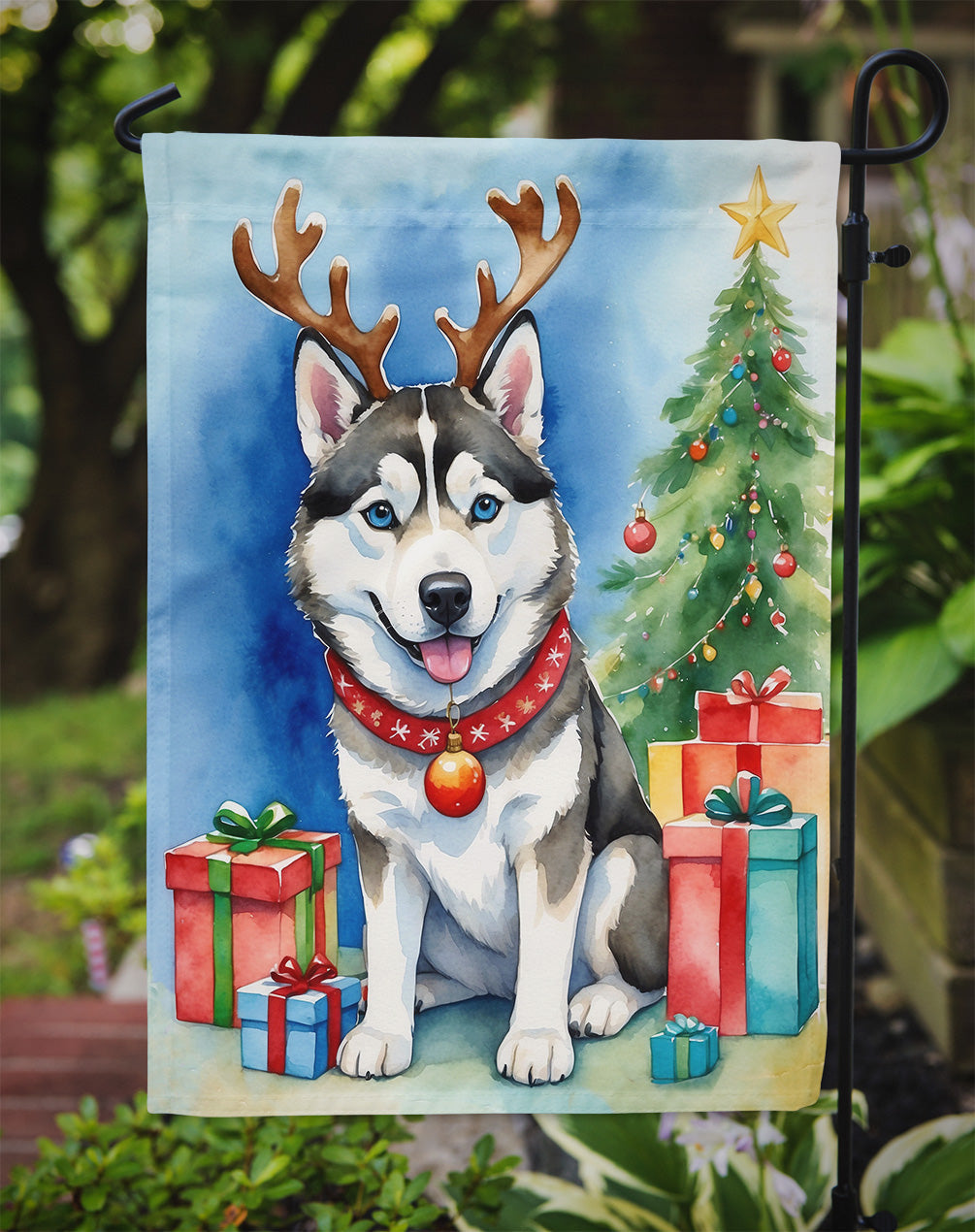 Siberian Husky Christmas Reindeer Garden Flag Mailbox Decorative Yard Banner Outside Patio Artwork for Flower Beds, Garden Size, Multicolor