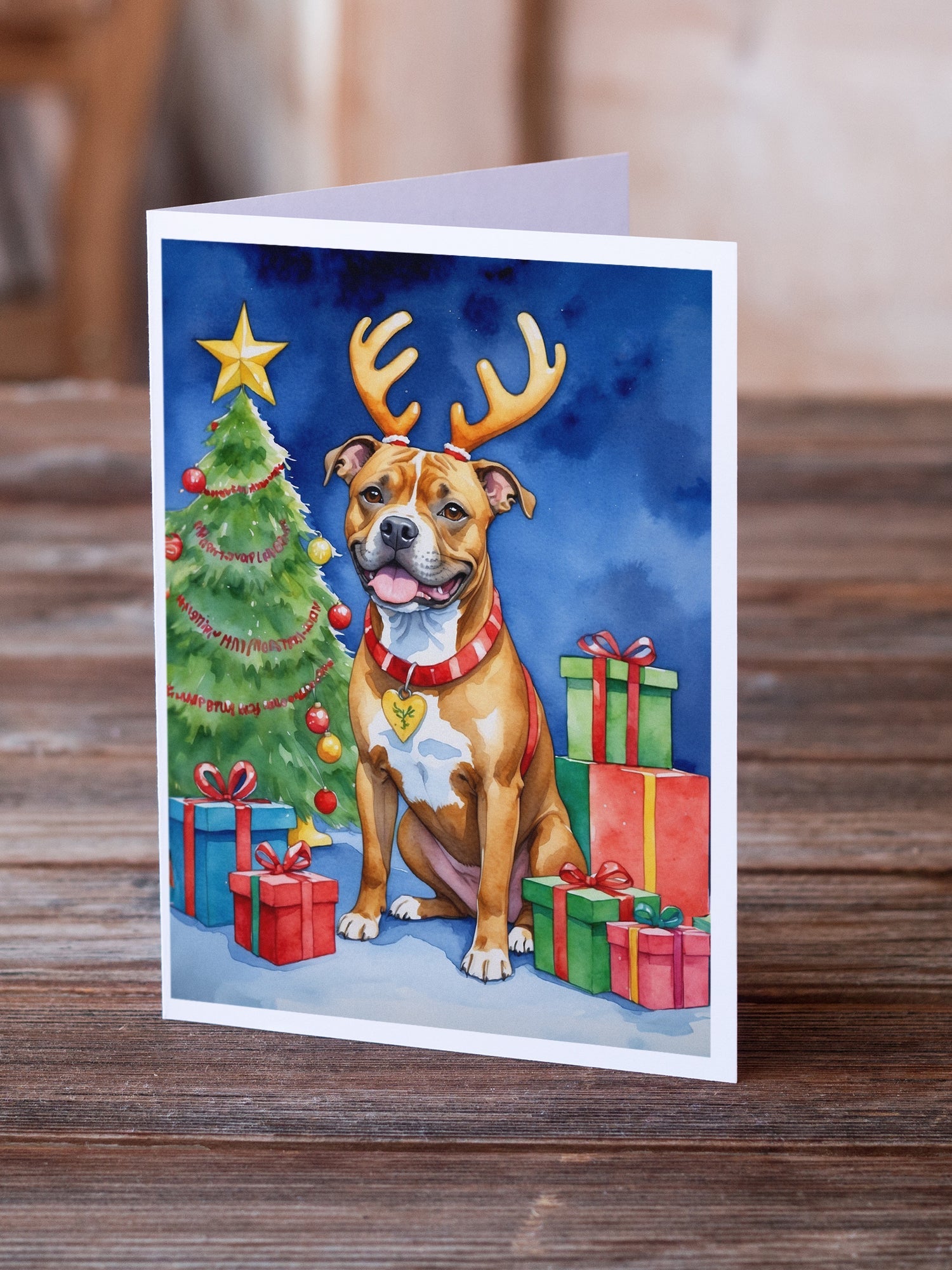 Staffordshire Bull Terrier Christmas Reindeer Greeting Cards Pack of 8 Blank Cards with Envelopes Whimsical A7 Size 5x7