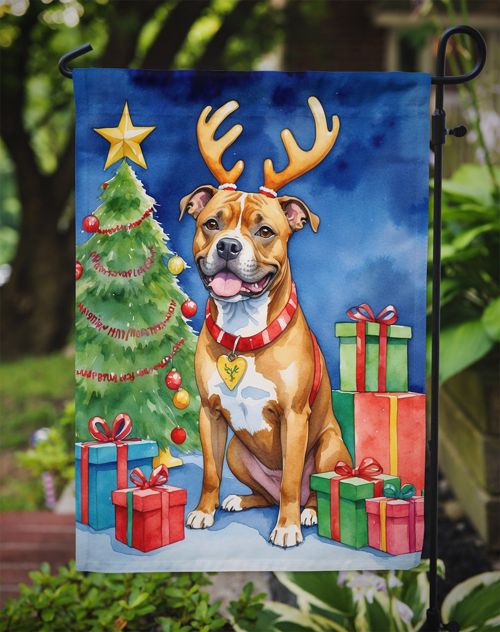 Staffordshire Bull Terrier Christmas Reindeer Garden Flag Mailbox Decorative Yard Banner Outside Patio Artwork for Flower Beds, Garden Size, Multicolor
