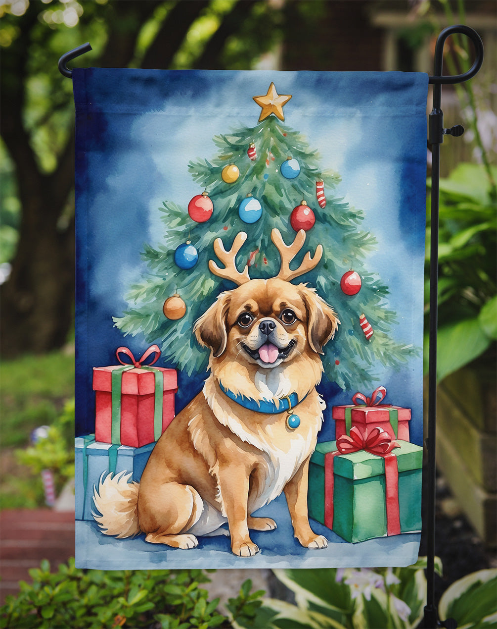 Tibetan Spaniel Christmas Reindeer Garden Flag Mailbox Decorative Yard Banner Outside Patio Artwork for Flower Beds, Garden Size, Multicolor