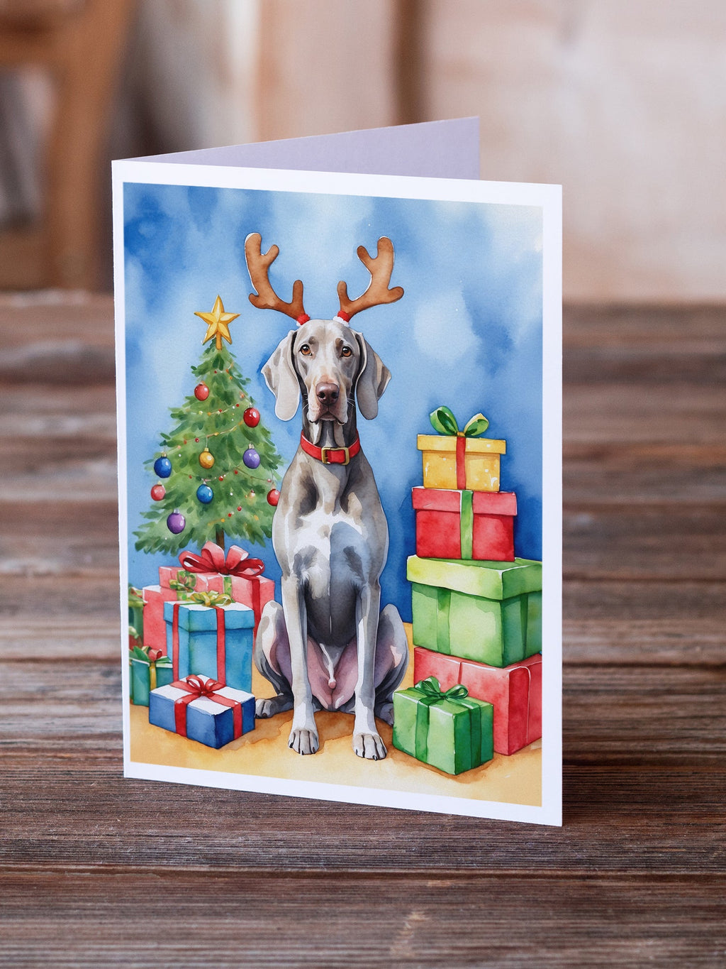 Weimaraner Christmas Reindeer Greeting Cards Pack of 8 Blank Cards with Envelopes Whimsical A7 Size 5x7