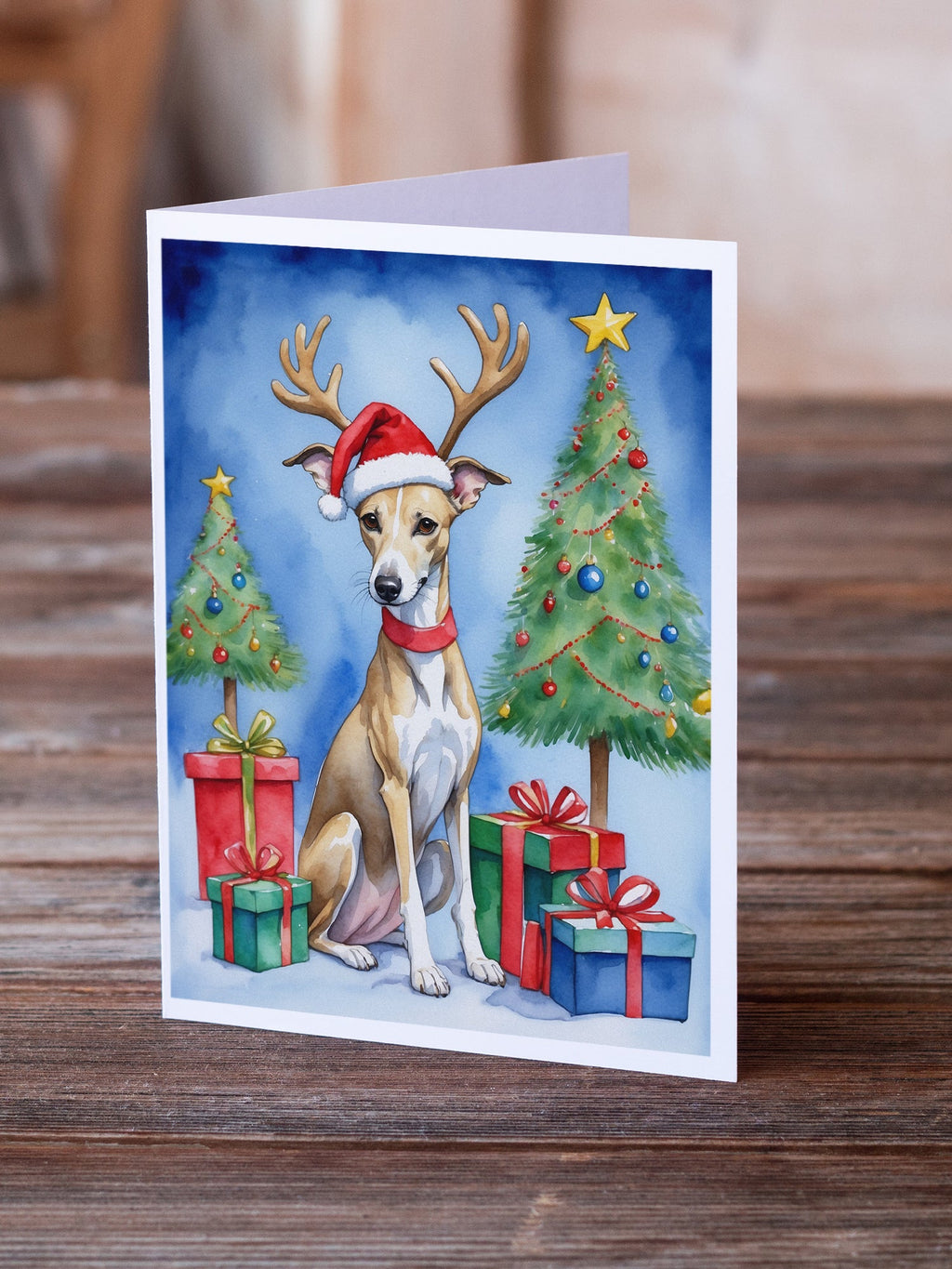 Whippet Christmas Reindeer Greeting Cards Pack of 8 Blank Cards with Envelopes Whimsical A7 Size 5x7