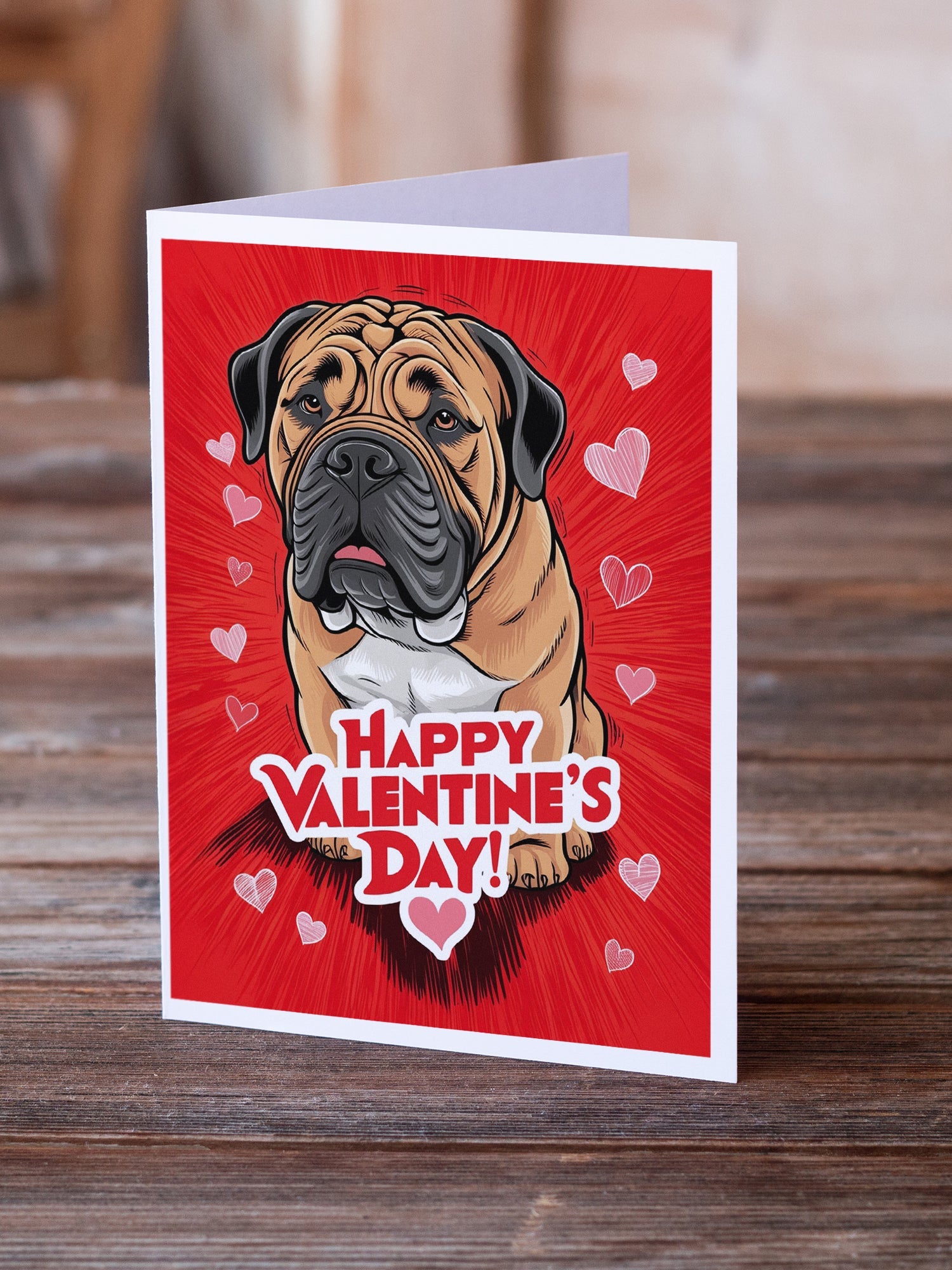 Bullmastiff Happy Valentine's Day Greeting Cards Pack of 8 Blank Cards with Envelopes Whimsical A7 Size 5x7