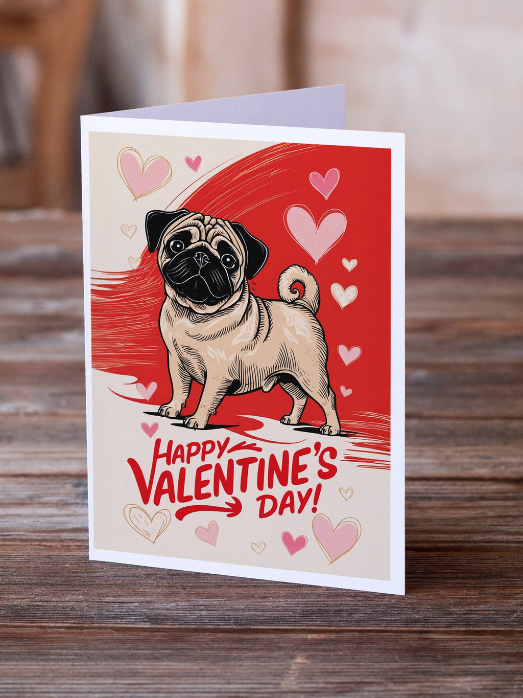 Pug Happy Valentine's Day Greeting Cards Pack of 8 Blank Cards with Envelopes Whimsical A7 Size 5x7