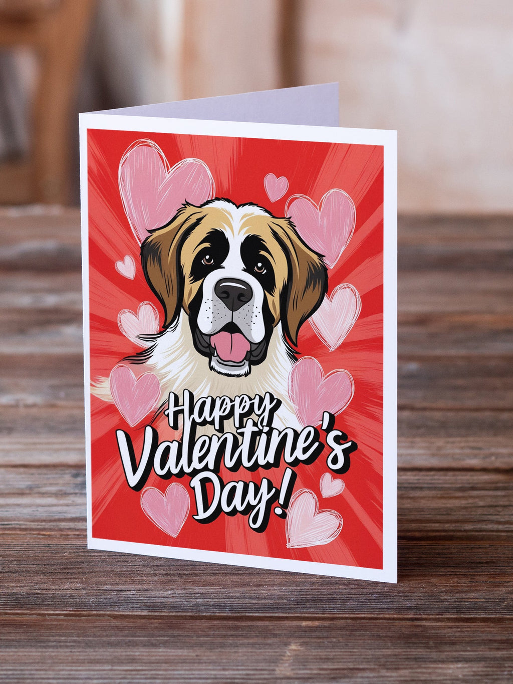 Saint Bernard Happy Valentine's Day Greeting Cards Pack of 8 Blank Cards with Envelopes Whimsical A7 Size 5x7
