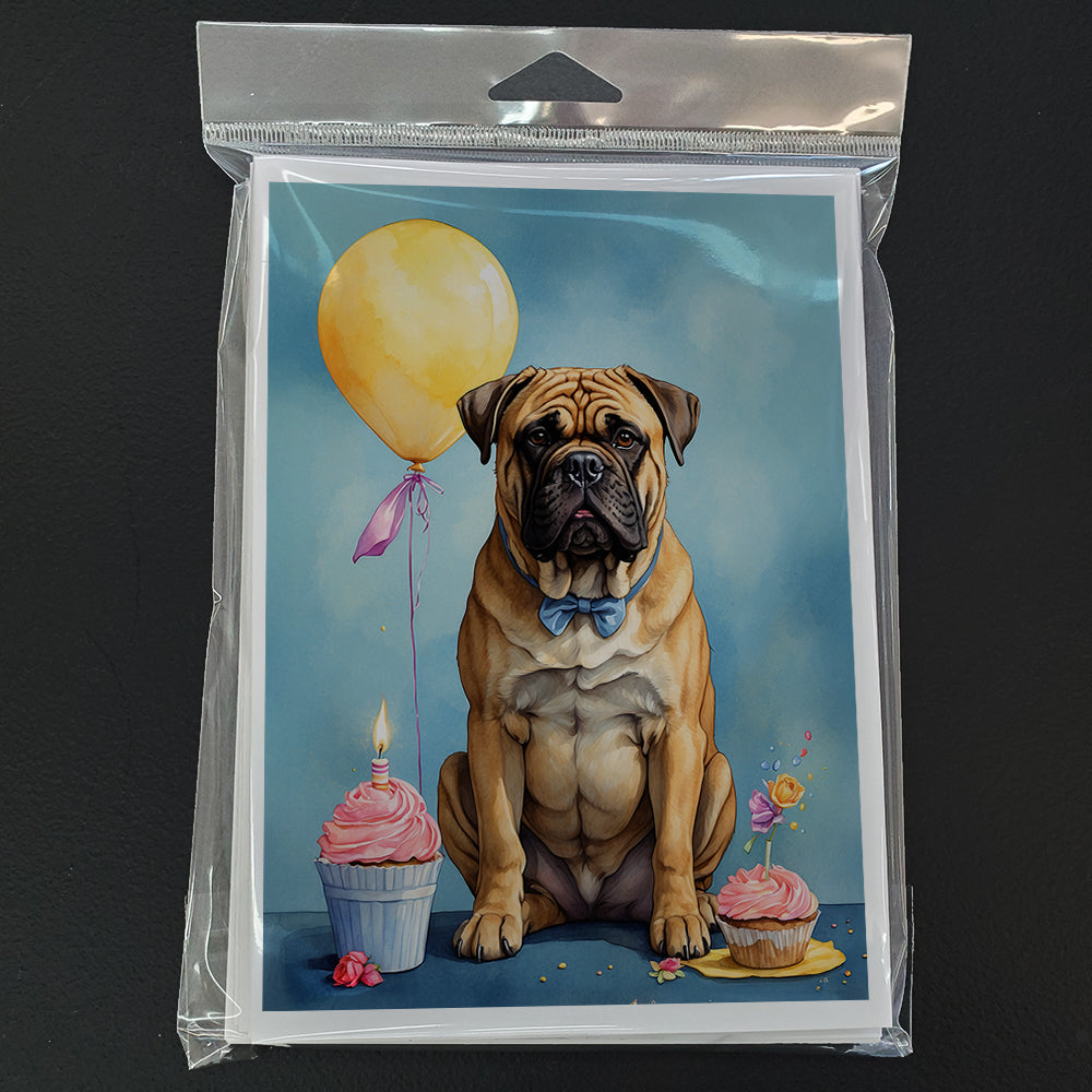 Bullmastiff Happy Birthday Greeting Cards Pack of 8 Blank Cards with Envelopes Whimsical A7 Size 5x7