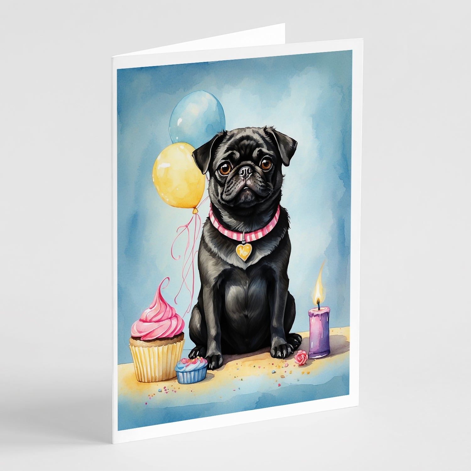 Black Pug Happy Birthday Greeting Cards Pack of 8 Blank Cards with Envelopes Whimsical A7 Size 5x7