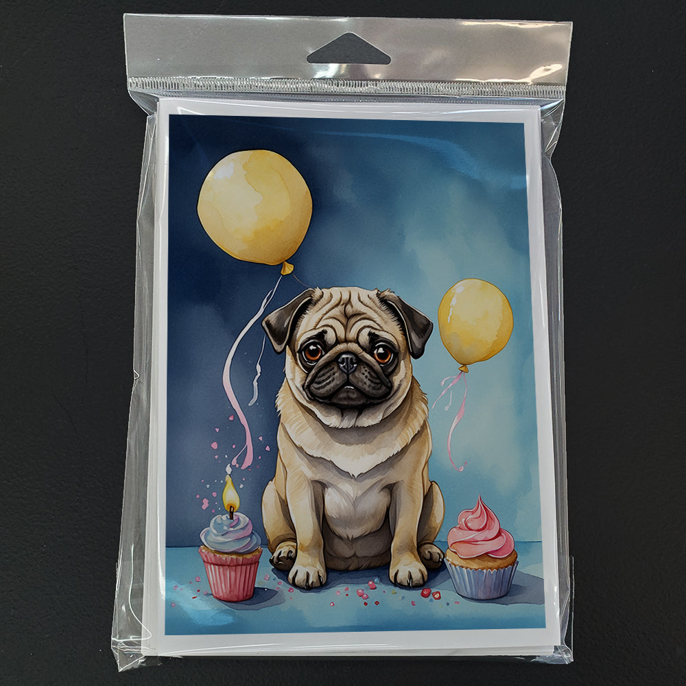 Pug Happy Birthday Greeting Cards Pack of 8 Blank Cards with Envelopes Whimsical A7 Size 5x7