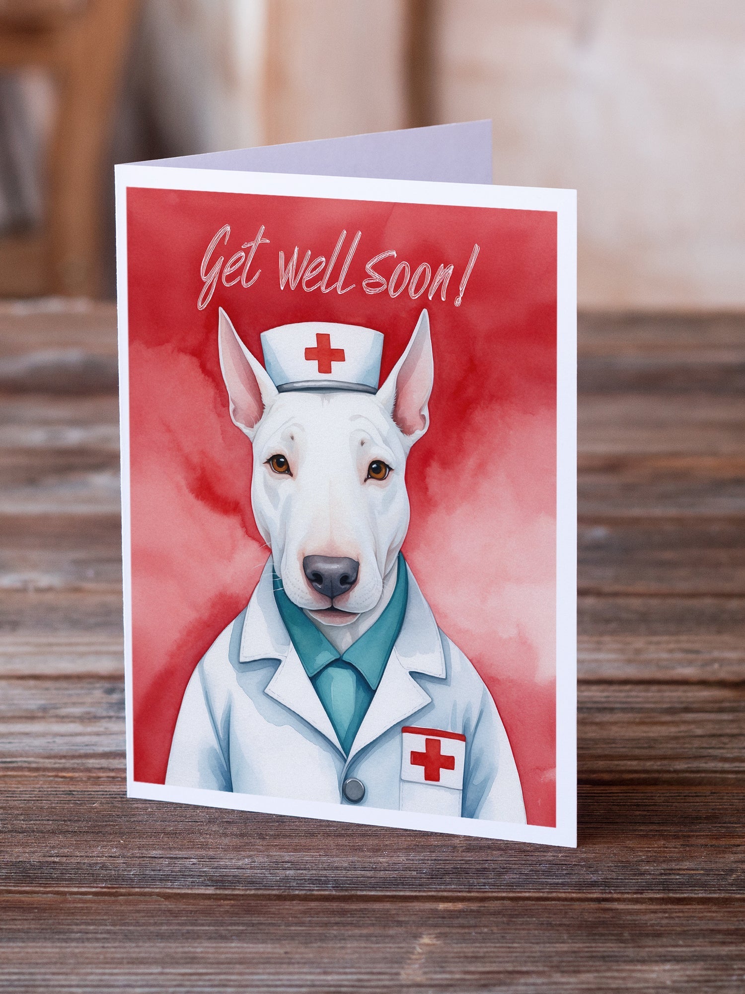 Bull Terrier Get Well Soon Greeting Cards Pack of 8 Blank Cards with Envelopes Whimsical A7 Size 5x7