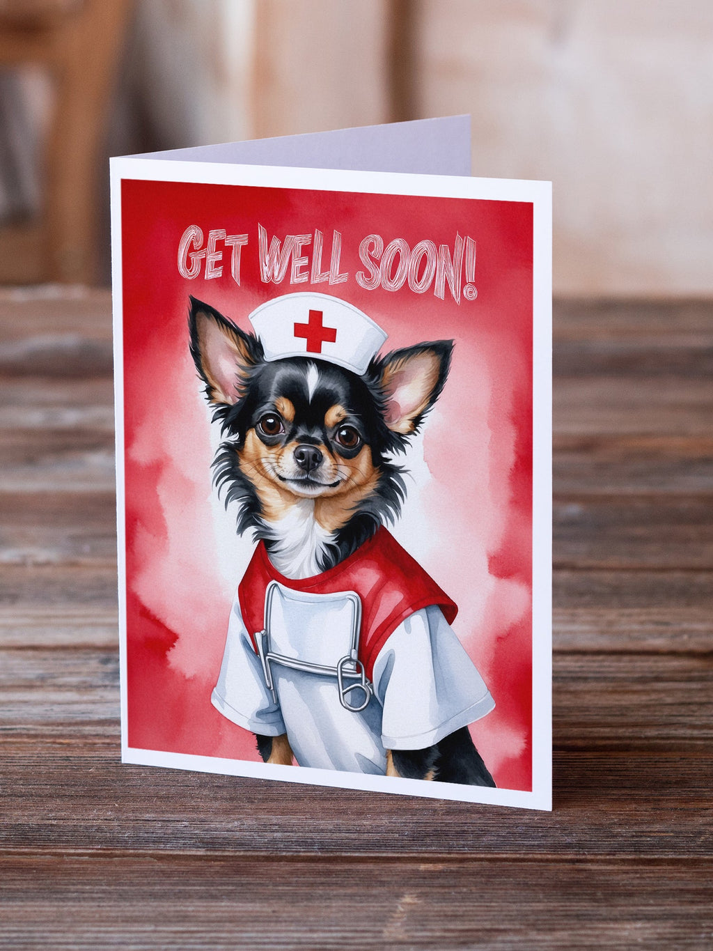 Black and Tan Longhair Chihuahua Get Well Soon Greeting Cards Pack of 8 Blank Cards with Envelopes Whimsical A7 Size 5x7