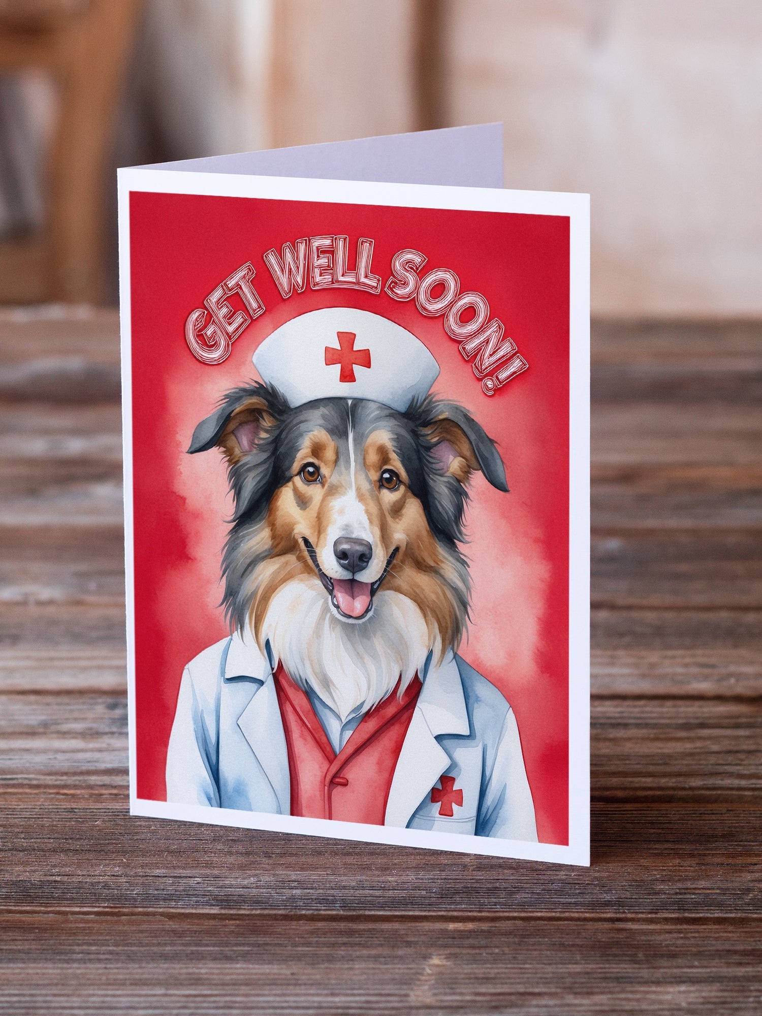 Collie Get Well Soon Greeting Cards Pack of 8 Blank Cards with Envelopes Whimsical A7 Size 5x7