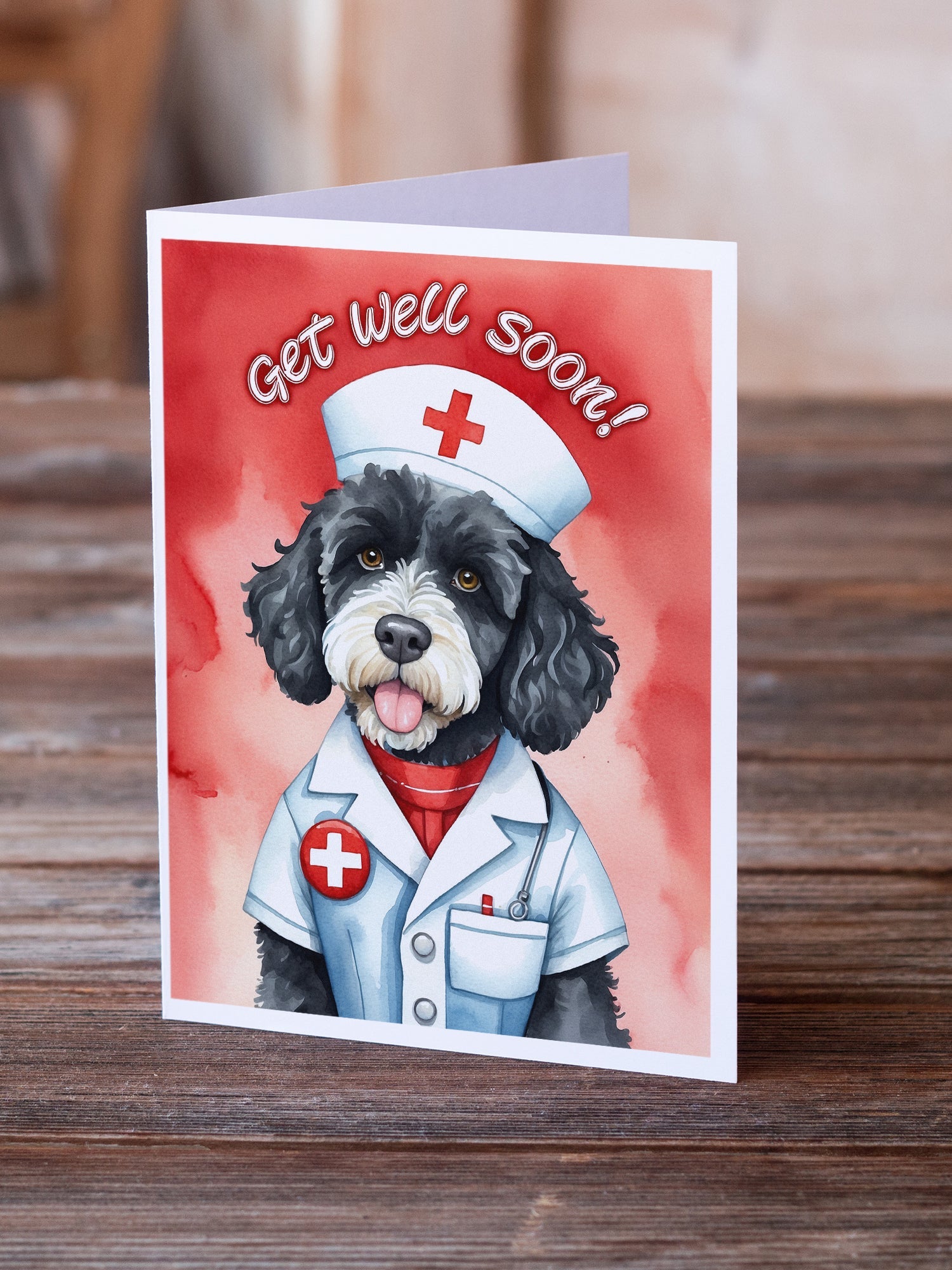 Portuguese Water Dog Get Well Soon Greeting Cards Pack of 8 Blank Cards with Envelopes Whimsical A7 Size 5x7