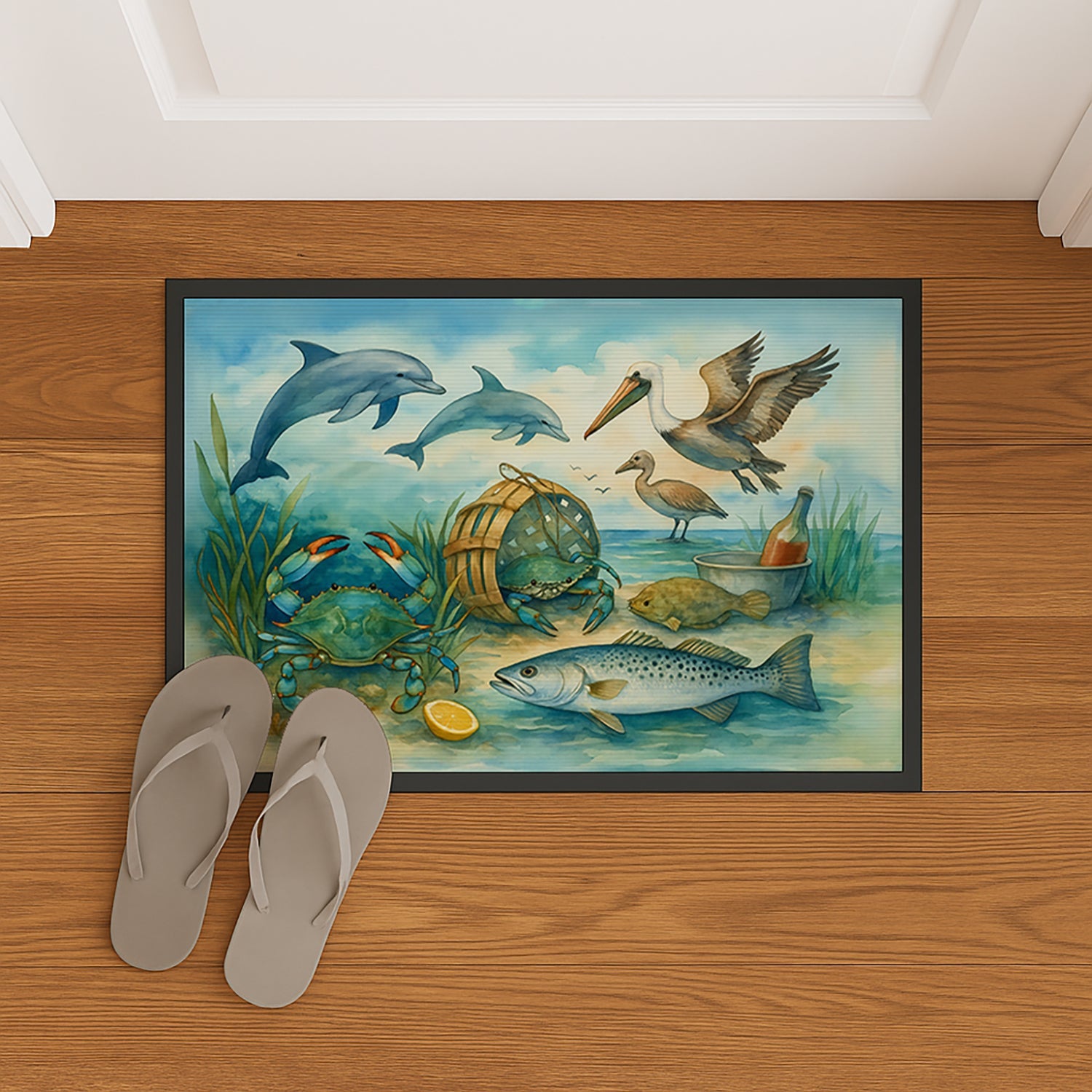 Along the coast - Crab Pelican Dolphins Doormat Indoor Outdoor 24H X 36W Front Door Mat Rugs for Entryway, Non Slip Washable Low Pile,