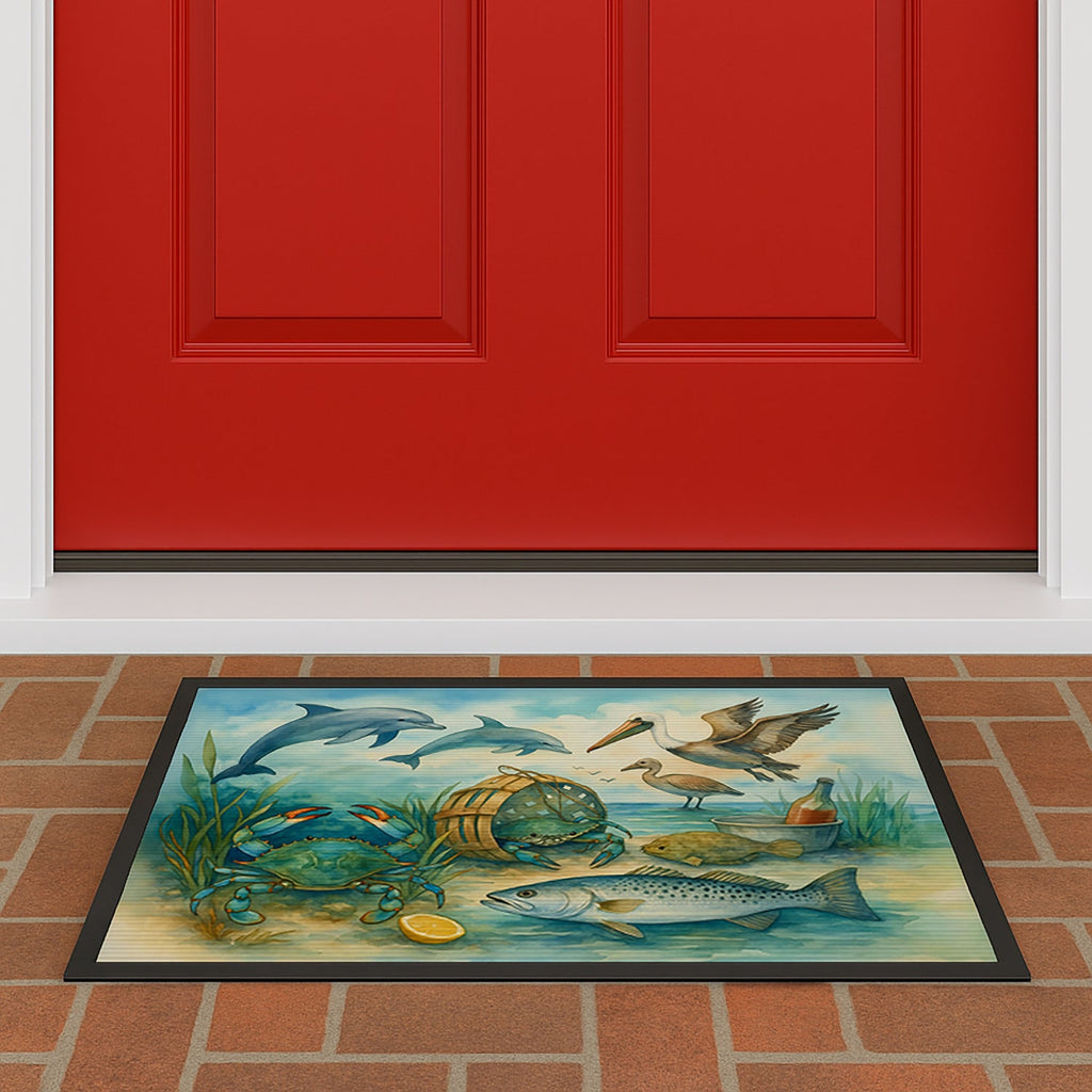 Along the coast - Crab Pelican Dolphins Doormat Indoor Outdoor 24H X 36W Front Door Mat Rugs for Entryway, Non Slip Washable Low Pile,