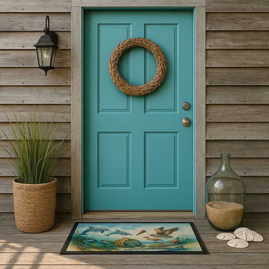 Along the coast - Crab Pelican Dolphins Doormat Indoor Outdoor 18H X 27W Front Door Mat Rugs for Entryway, Non Slip Washable