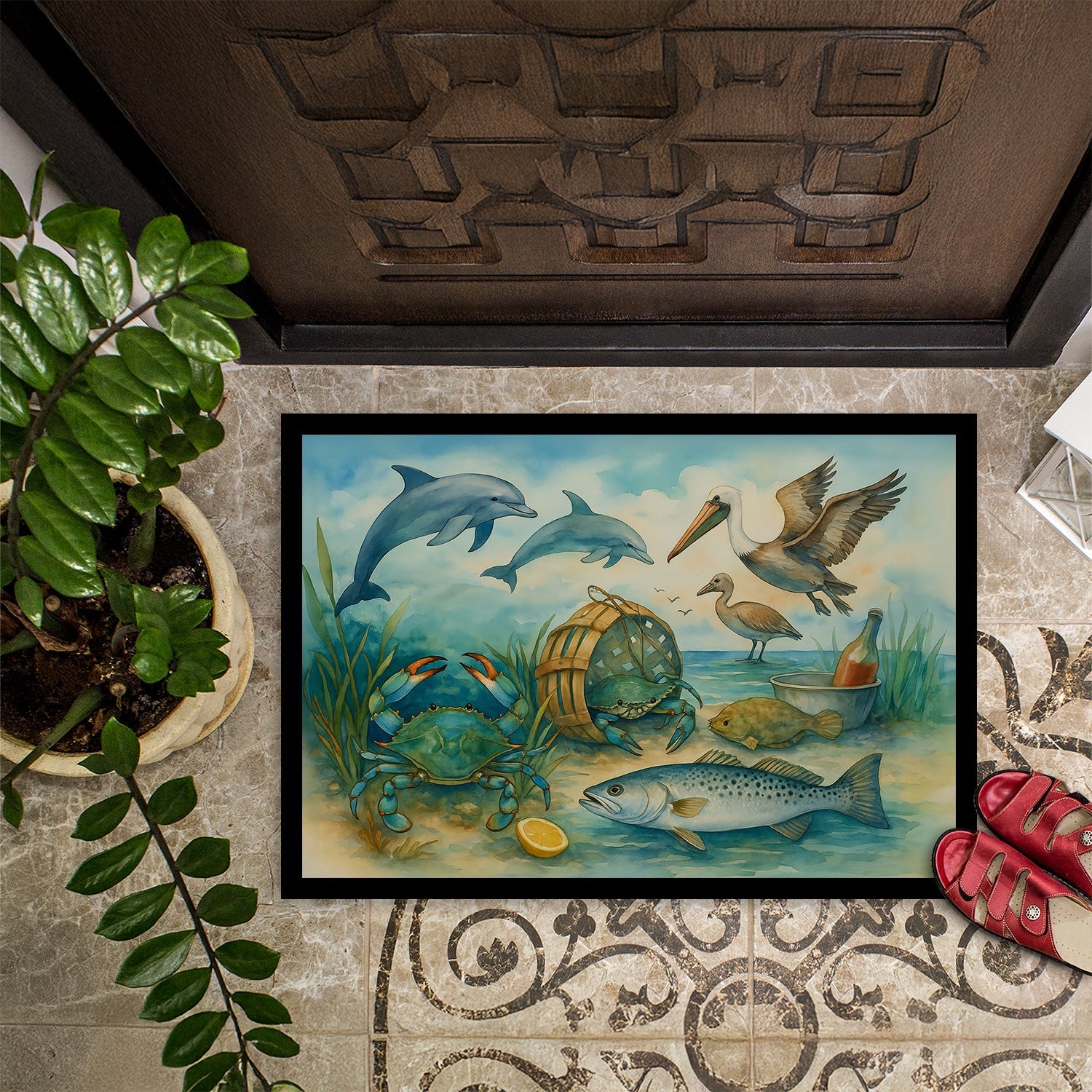 Along the coast - Crab Pelican Dolphins Doormat Indoor Outdoor 18H X 27W Front Door Mat Rugs for Entryway, Non Slip Washable