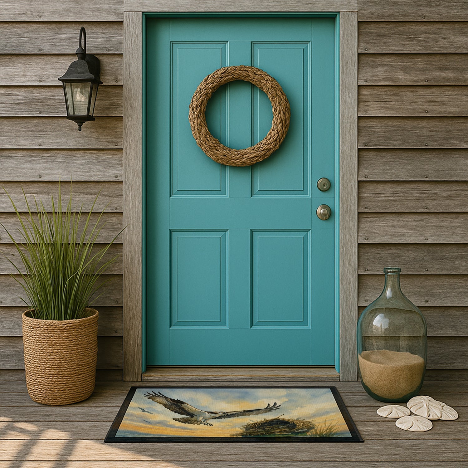 Osprey Nest Coastal Bird Wildlife Ocean Watercolor Doormat Indoor Outdoor 18H X 27W Front Door Mat Rugs for Entryway, Non Slip Washable