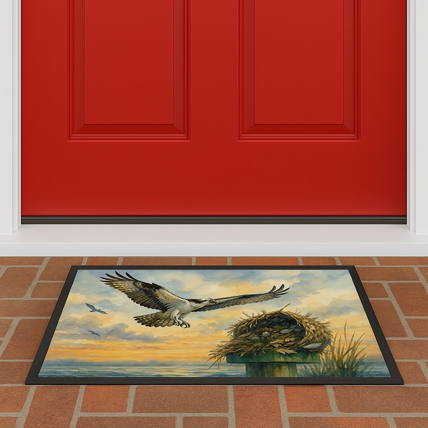 Osprey Nest Coastal Bird Wildlife Ocean Watercolor Doormat Indoor Outdoor 18H X 27W Front Door Mat Rugs for Entryway, Non Slip Washable