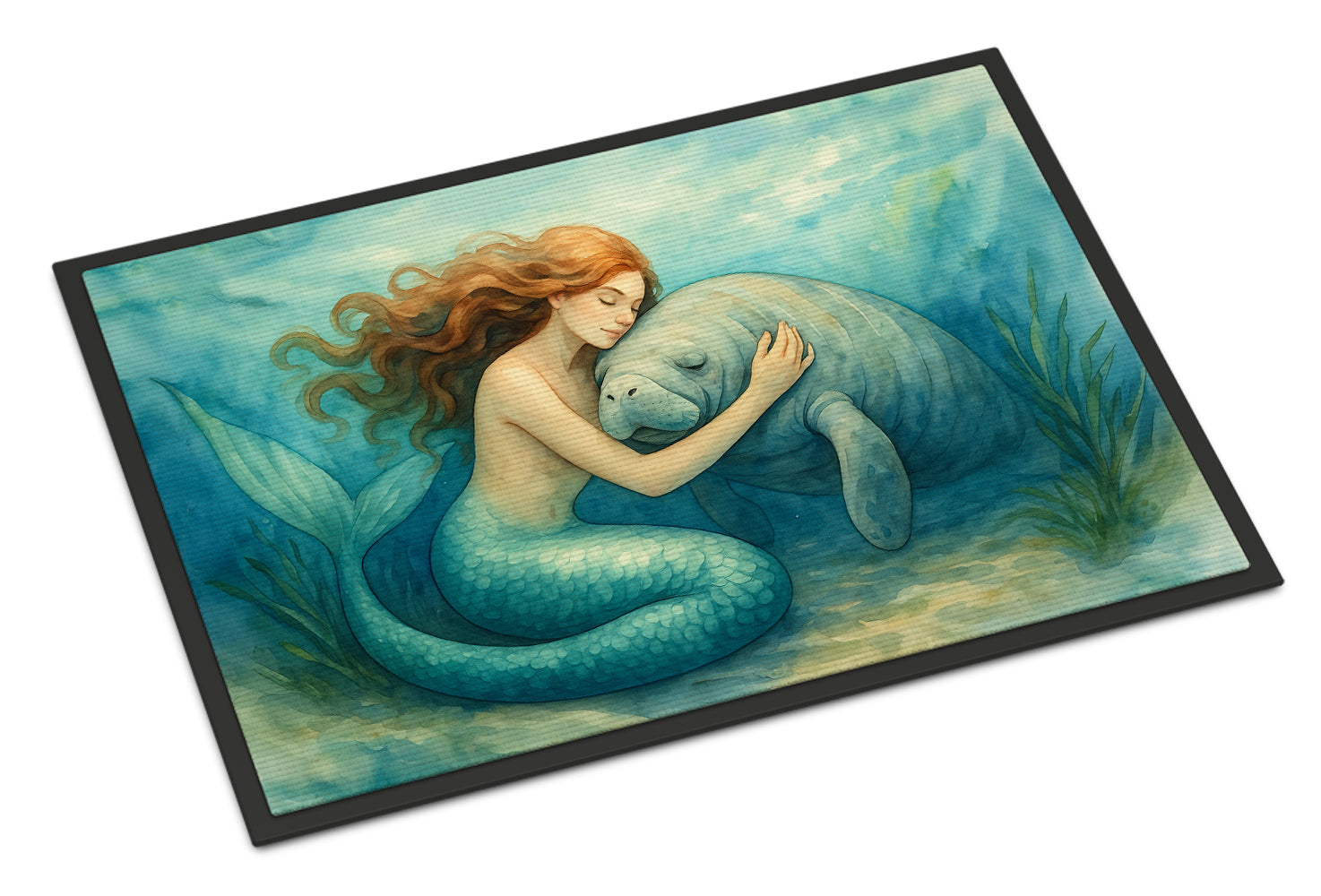 Mermaid and Manatee Ocean Friendship Coastal Watercolor Doormat Indoor Outdoor 18H X 27W Front Door Mat Rugs for Entryway, Non Slip Washable