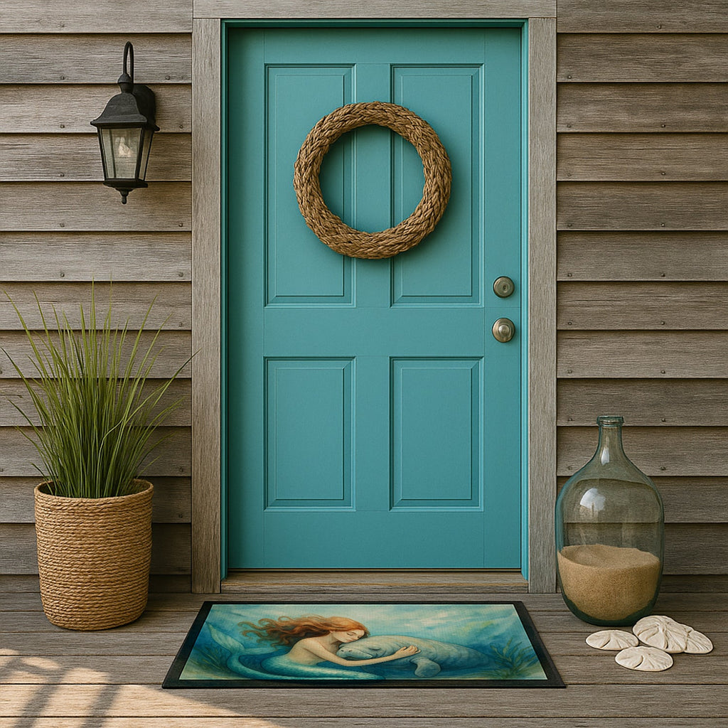Mermaid and Manatee Ocean Friendship Coastal Watercolor Doormat Indoor Outdoor 18H X 27W Front Door Mat Rugs for Entryway, Non Slip Washable