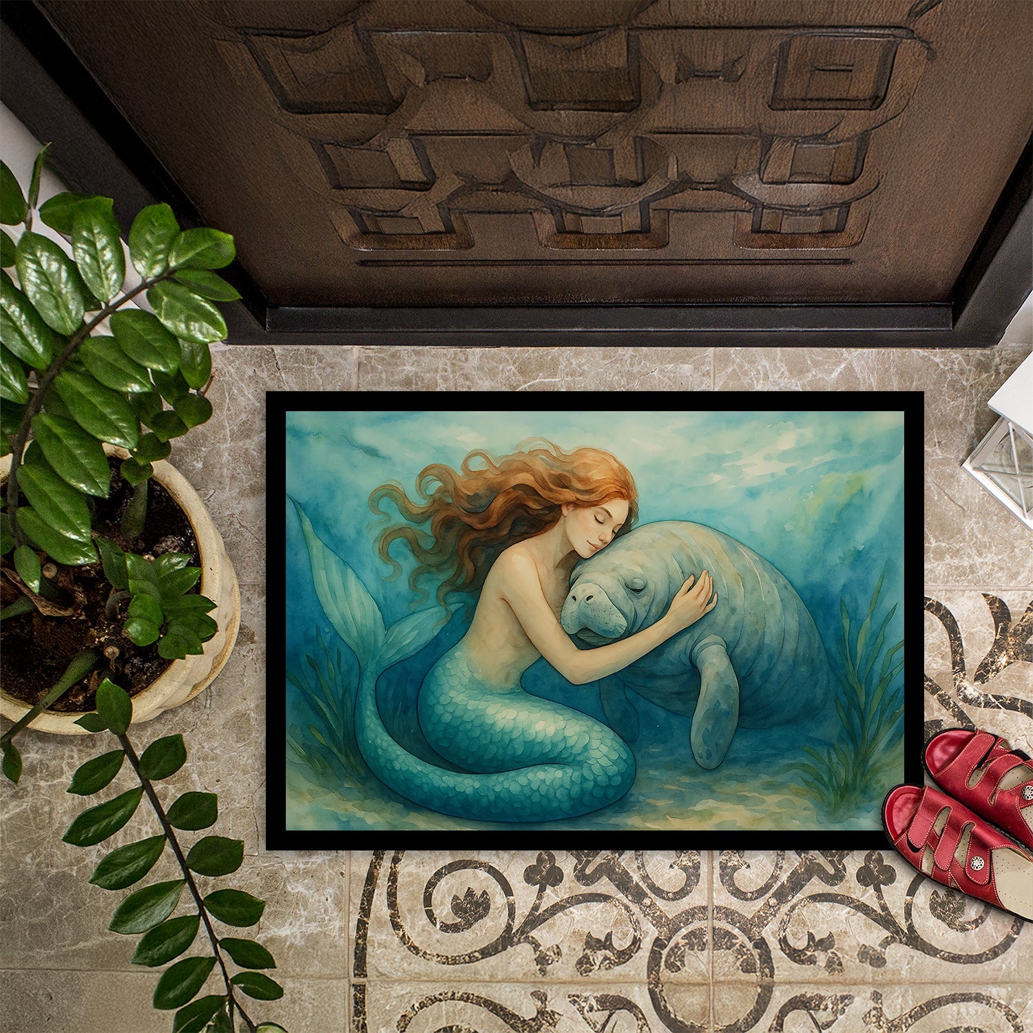 Mermaid and Manatee Ocean Friendship Coastal Watercolor Doormat Indoor Outdoor 18H X 27W Front Door Mat Rugs for Entryway, Non Slip Washable