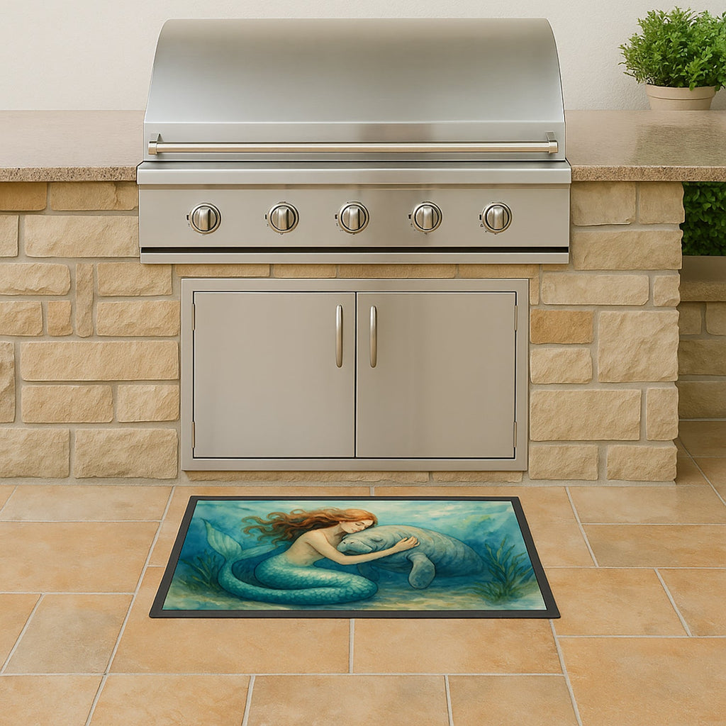Mermaid and Manatee Ocean Friendship Coastal Watercolor Doormat Indoor Outdoor 18H X 27W Front Door Mat Rugs for Entryway, Non Slip Washable