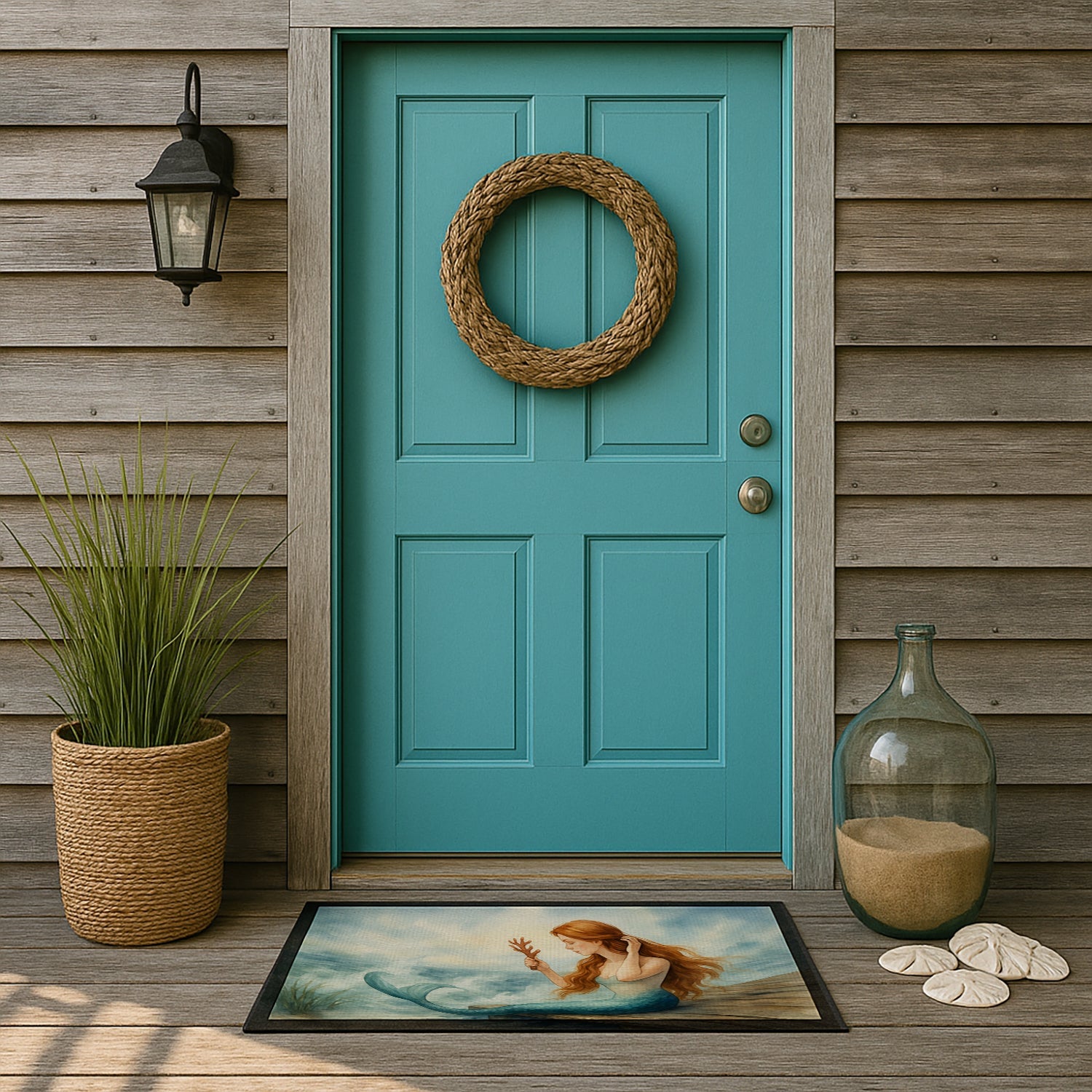 Mermaid Coastal Ocean Fantasy Watercolor Art Doormat Indoor Outdoor 24H X 36W Front Door Mat Rugs for Entryway, Non Slip Washable Low Pile,