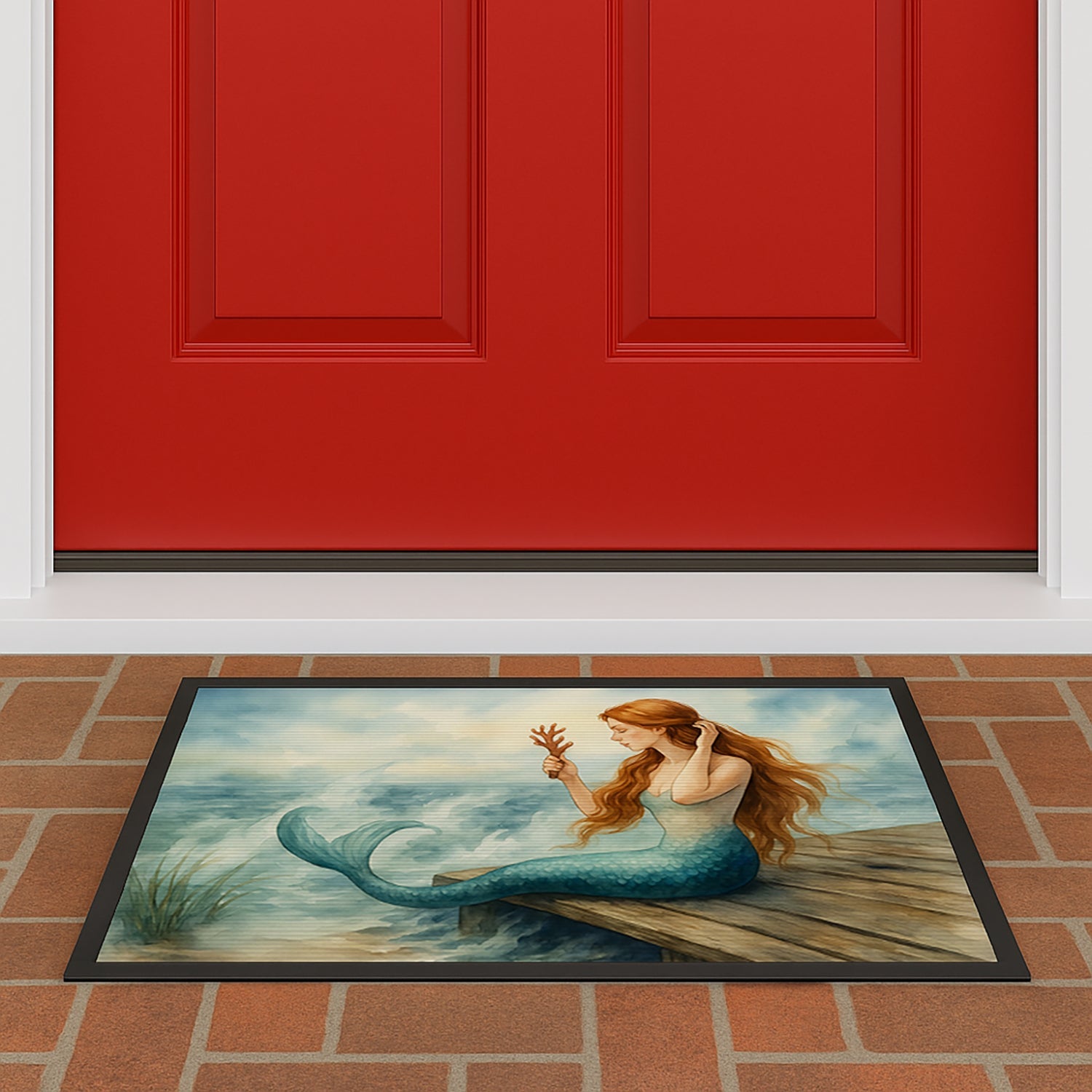 Mermaid Coastal Ocean Fantasy Watercolor Art Doormat Indoor Outdoor 24H X 36W Front Door Mat Rugs for Entryway, Non Slip Washable Low Pile,