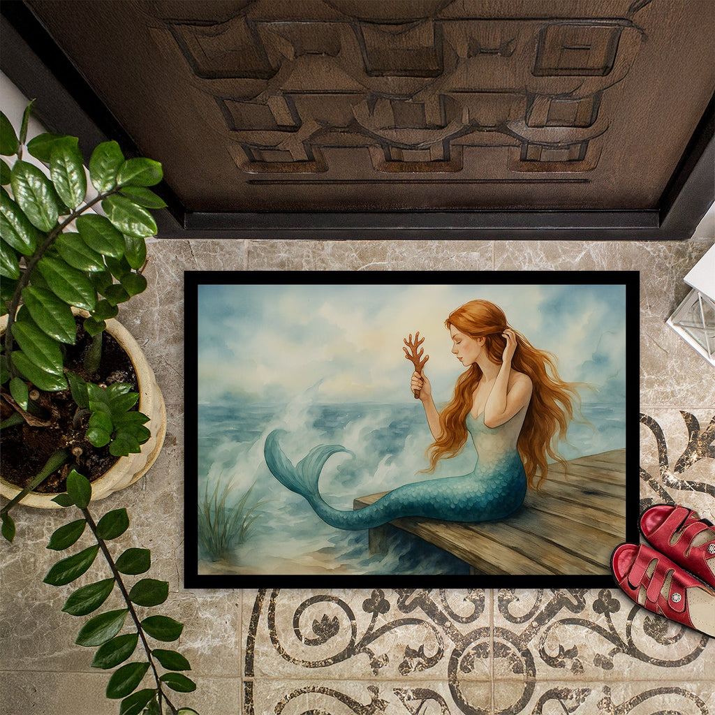 Mermaid Coastal Ocean Fantasy Watercolor Art Doormat Indoor Outdoor 18H X 27W Front Door Mat Rugs for Entryway, Non Slip Washable