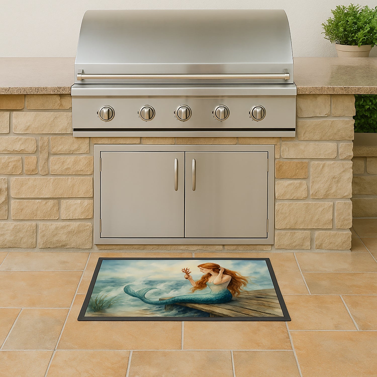 Mermaid Coastal Ocean Fantasy Watercolor Art Doormat Indoor Outdoor 18H X 27W Front Door Mat Rugs for Entryway, Non Slip Washable