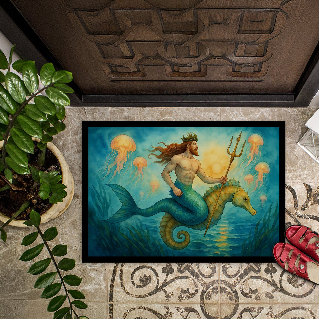 Neptune Sea God Seahorse Ocean Fantasy Merman Art Doormat Indoor Outdoor 18H X 27W Front Door Mat Rugs for Entryway, Non Slip Washable