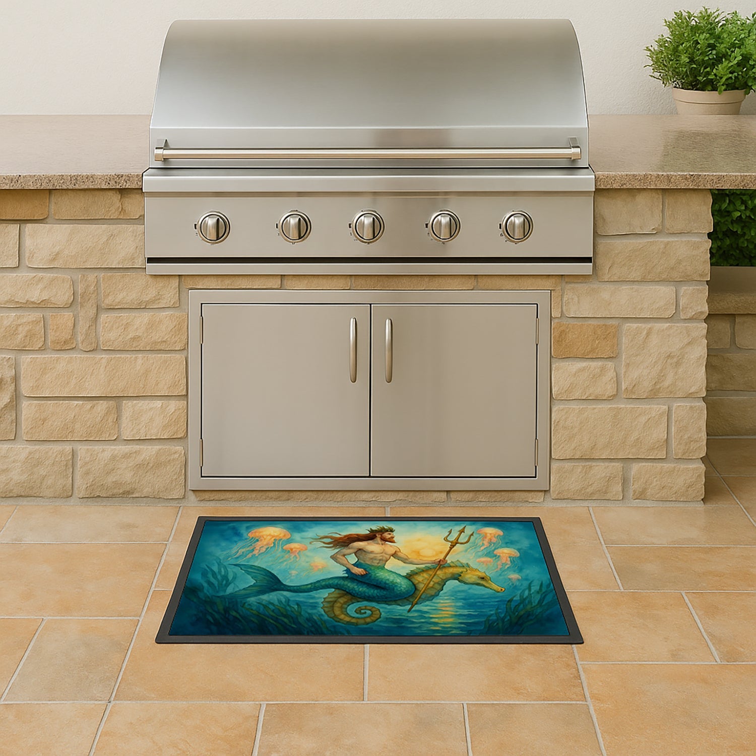 Neptune Sea God Seahorse Ocean Fantasy Merman Art Doormat Indoor Outdoor 18H X 27W Front Door Mat Rugs for Entryway, Non Slip Washable