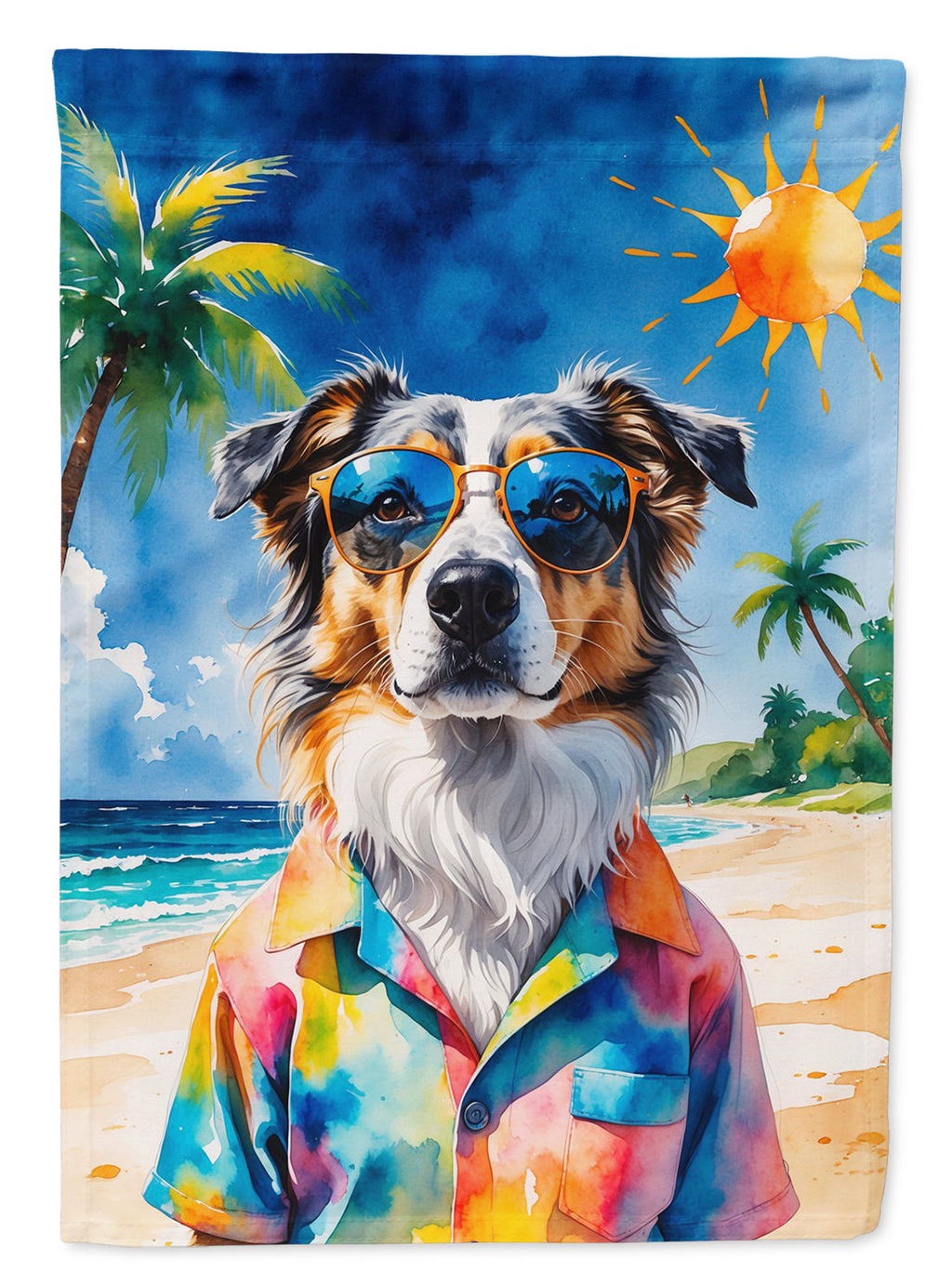 Australian Shepherd Summer Beach Time House Flag 28x40 Porch Sleeve Pole Decorative Outside Yard Banner Artwork Wall Hanging, Polyester