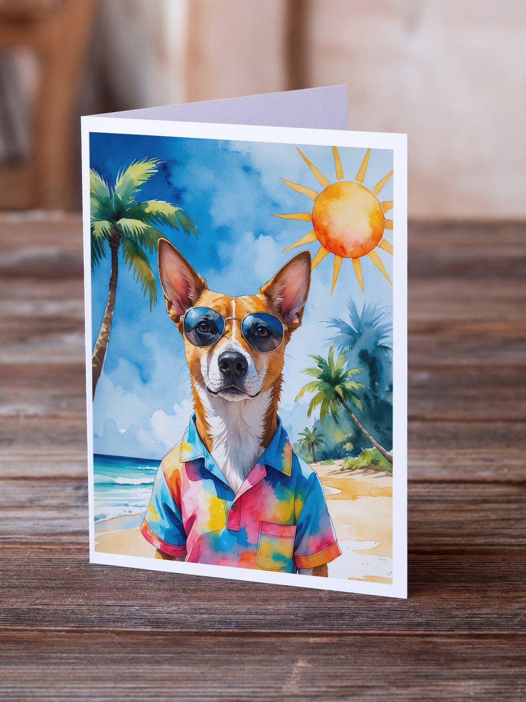 Basenji Summer Beach Time Greeting Cards Pack of 8 Blank Cards with Envelopes Whimsical A7 Size 5x7