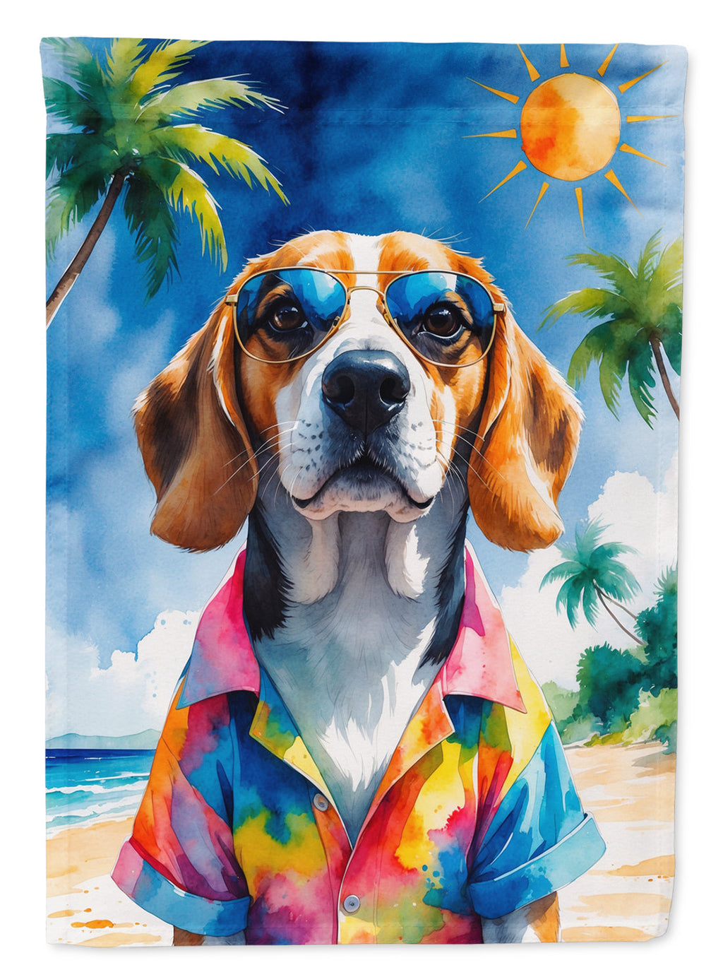 Beagle Summer Beach Time House Flag 28x40 Porch Sleeve Pole Decorative Outside Yard Banner Artwork Wall Hanging, Polyester