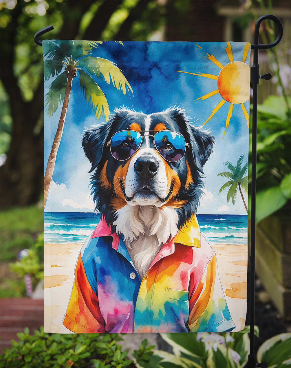 Bernese Mountain Dog Summer Beach Time Garden Flag Mailbox Decorative Yard Banner Outside Patio Artwork for Flower Beds, Garden Size, Multicolor
