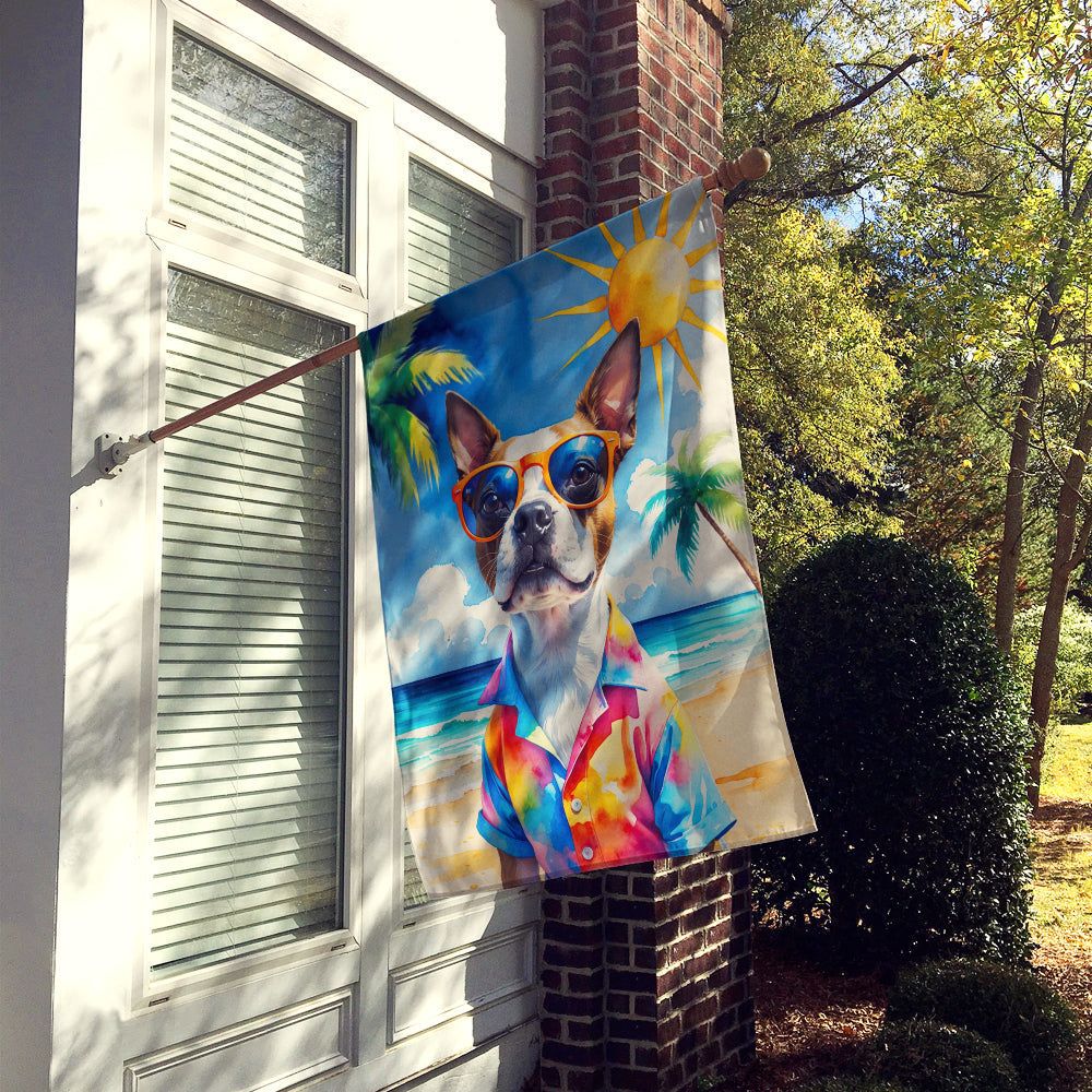 Red Boston Terrier Summer Beach Time House Flag 28x40 Porch Sleeve Pole Decorative Outside Yard Banner Artwork Wall Hanging, Polyester