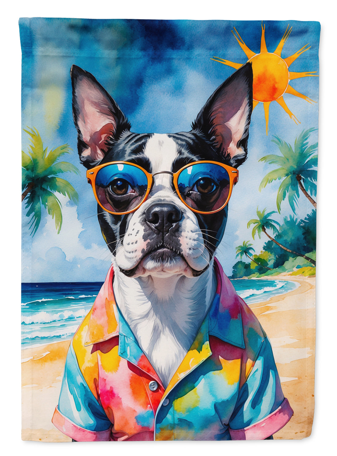 Boston Terrier Summer Beach Time House Flag 28x40 Porch Sleeve Pole Decorative Outside Yard Banner Artwork Wall Hanging, Polyester