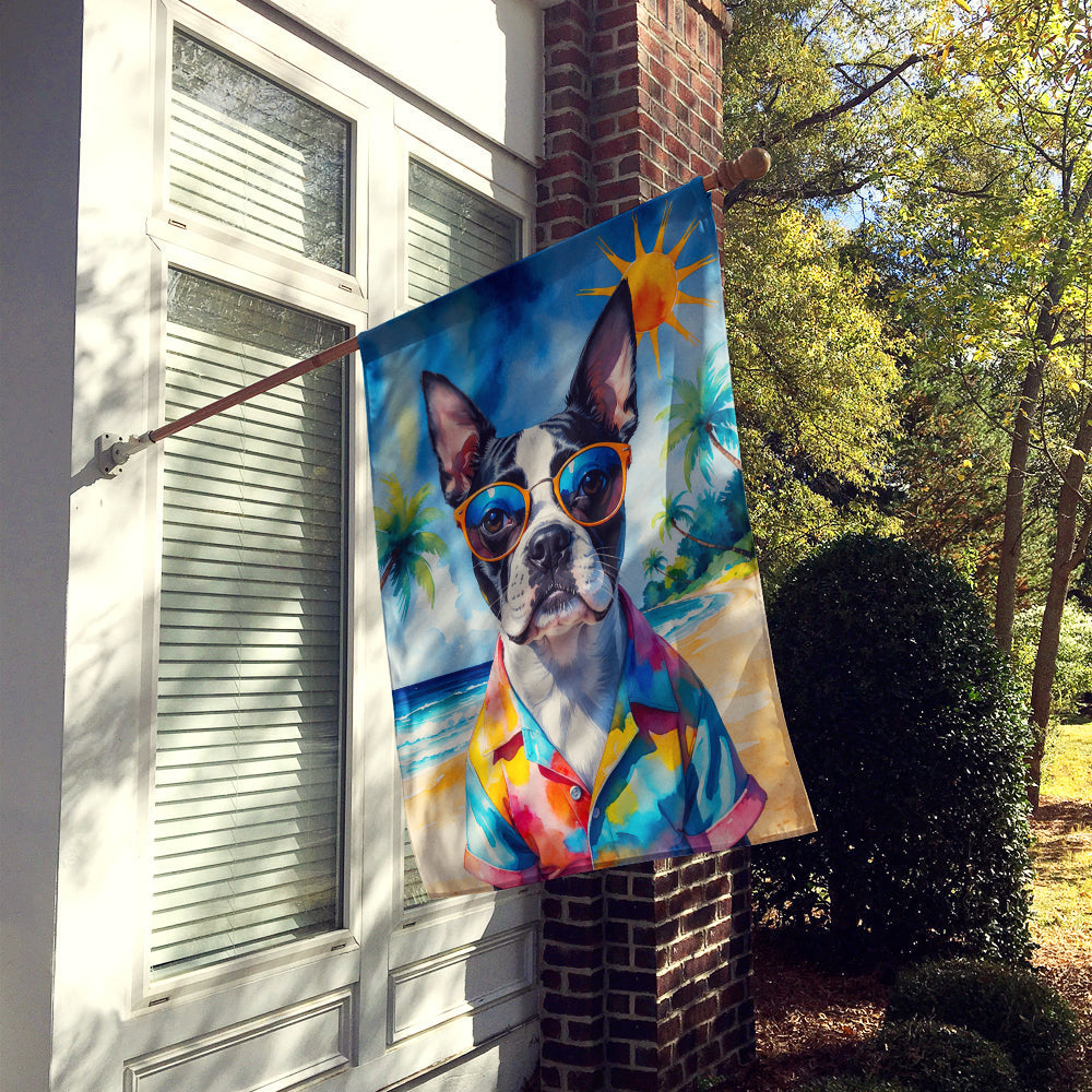 Boston Terrier Summer Beach Time House Flag 28x40 Porch Sleeve Pole Decorative Outside Yard Banner Artwork Wall Hanging, Polyester