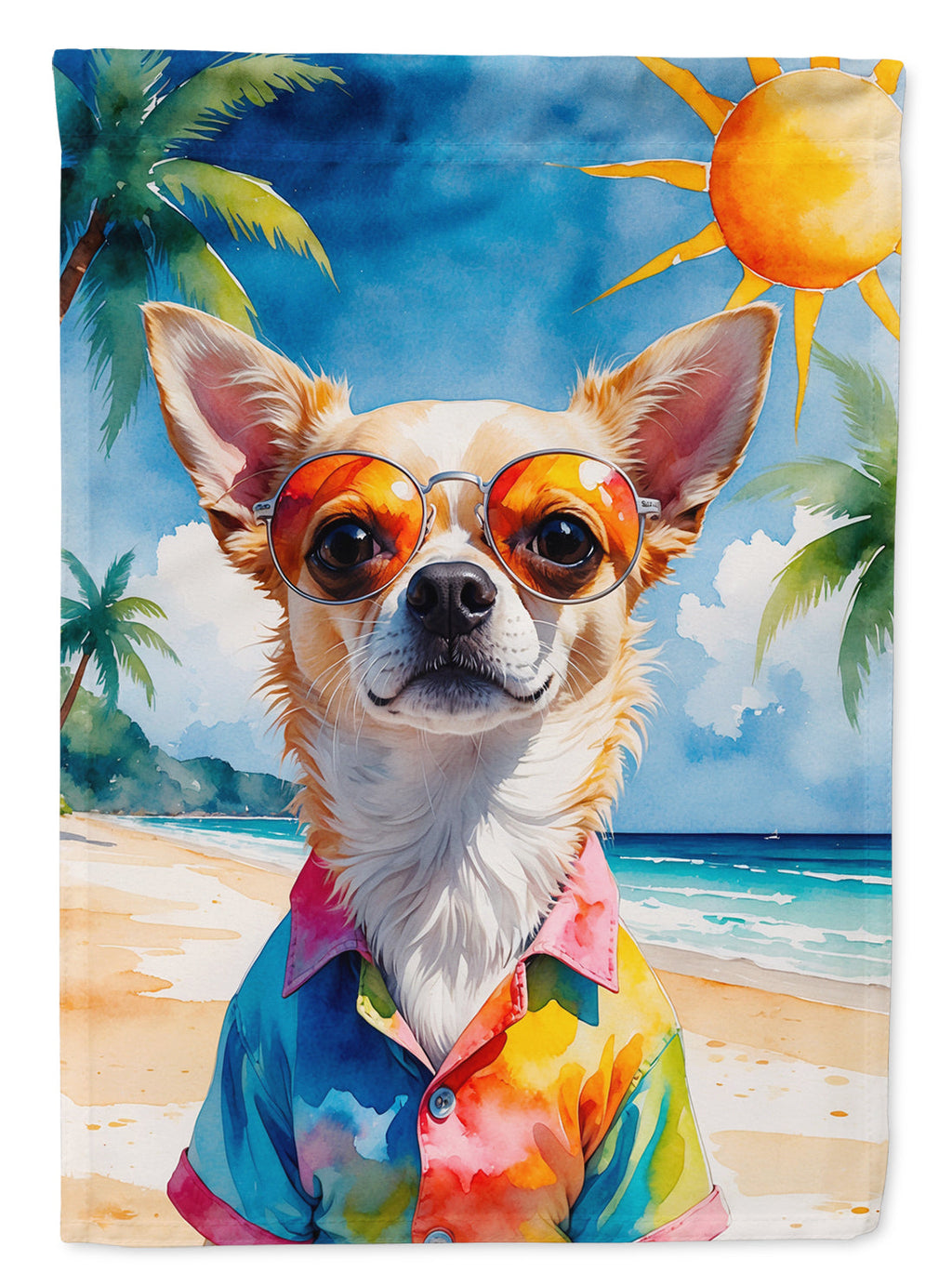 Chihuahua Summer Beach Time House Flag 28x40 Porch Sleeve Pole Decorative Outside Yard Banner Artwork Wall Hanging, Polyester