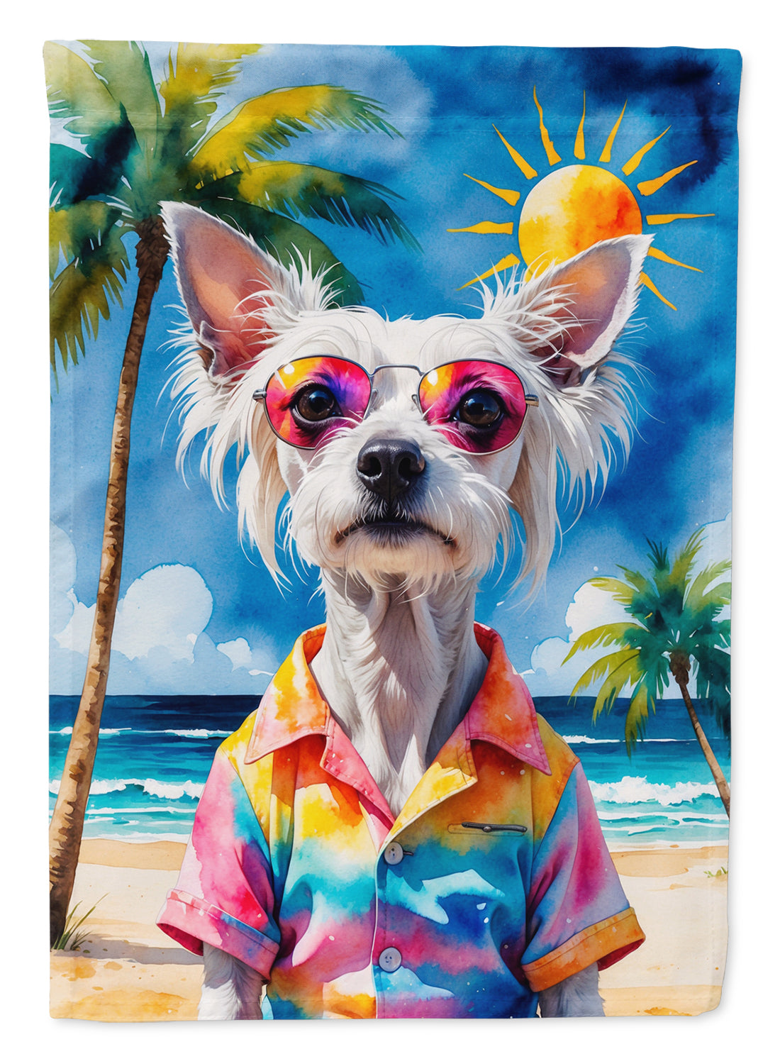 Chinese Crested Summer Beach Time House Flag 28x40 Porch Sleeve Pole Decorative Outside Yard Banner Artwork Wall Hanging, Polyester
