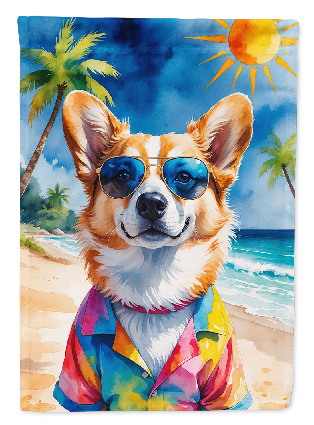 Corgi Summer Beach Time House Flag 28x40 Porch Sleeve Pole Decorative Outside Yard Banner Artwork Wall Hanging, Polyester