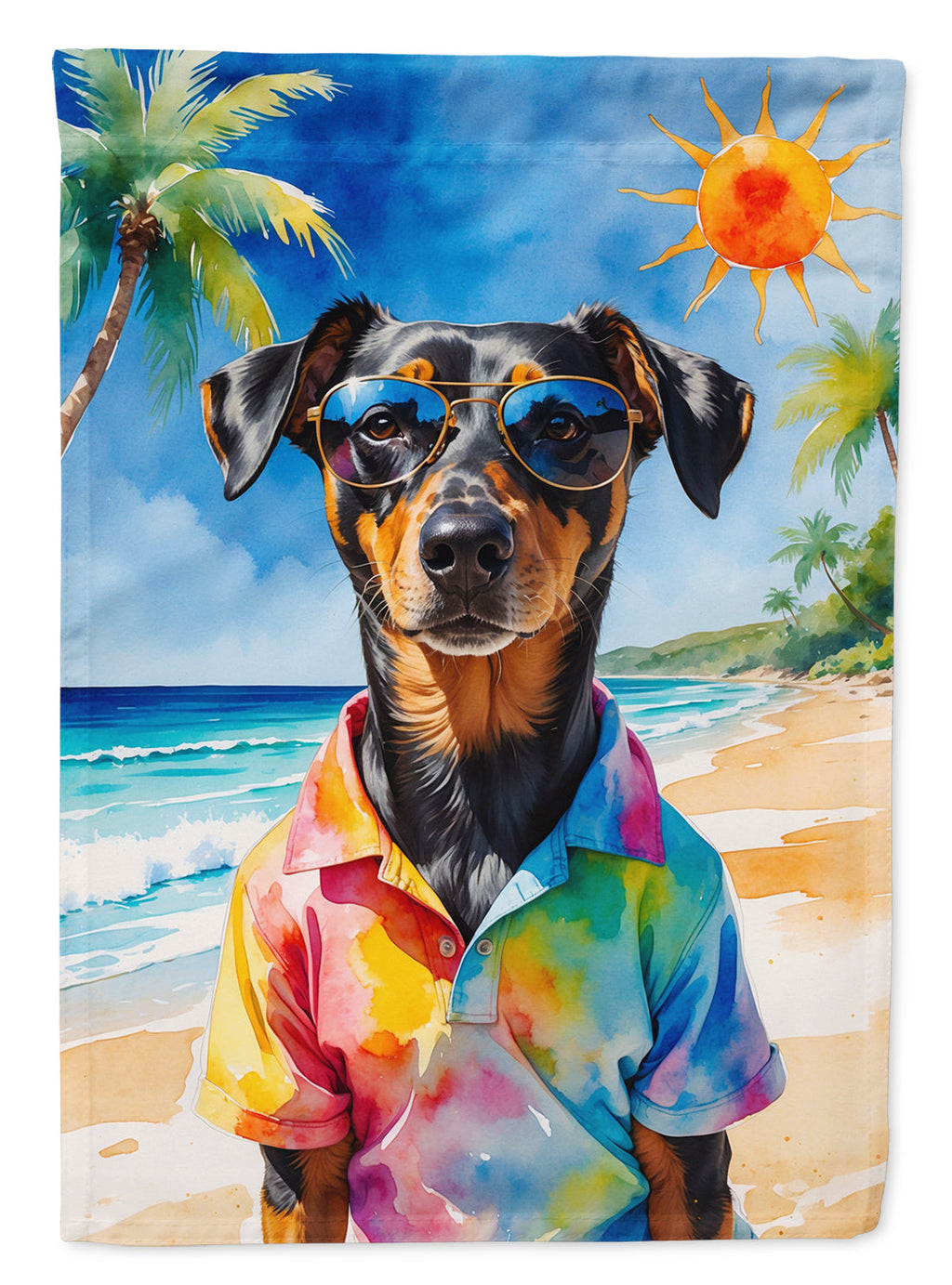 Doberman Pinscher Summer Beach Time House Flag 28x40 Porch Sleeve Pole Decorative Outside Yard Banner Artwork Wall Hanging, Polyester