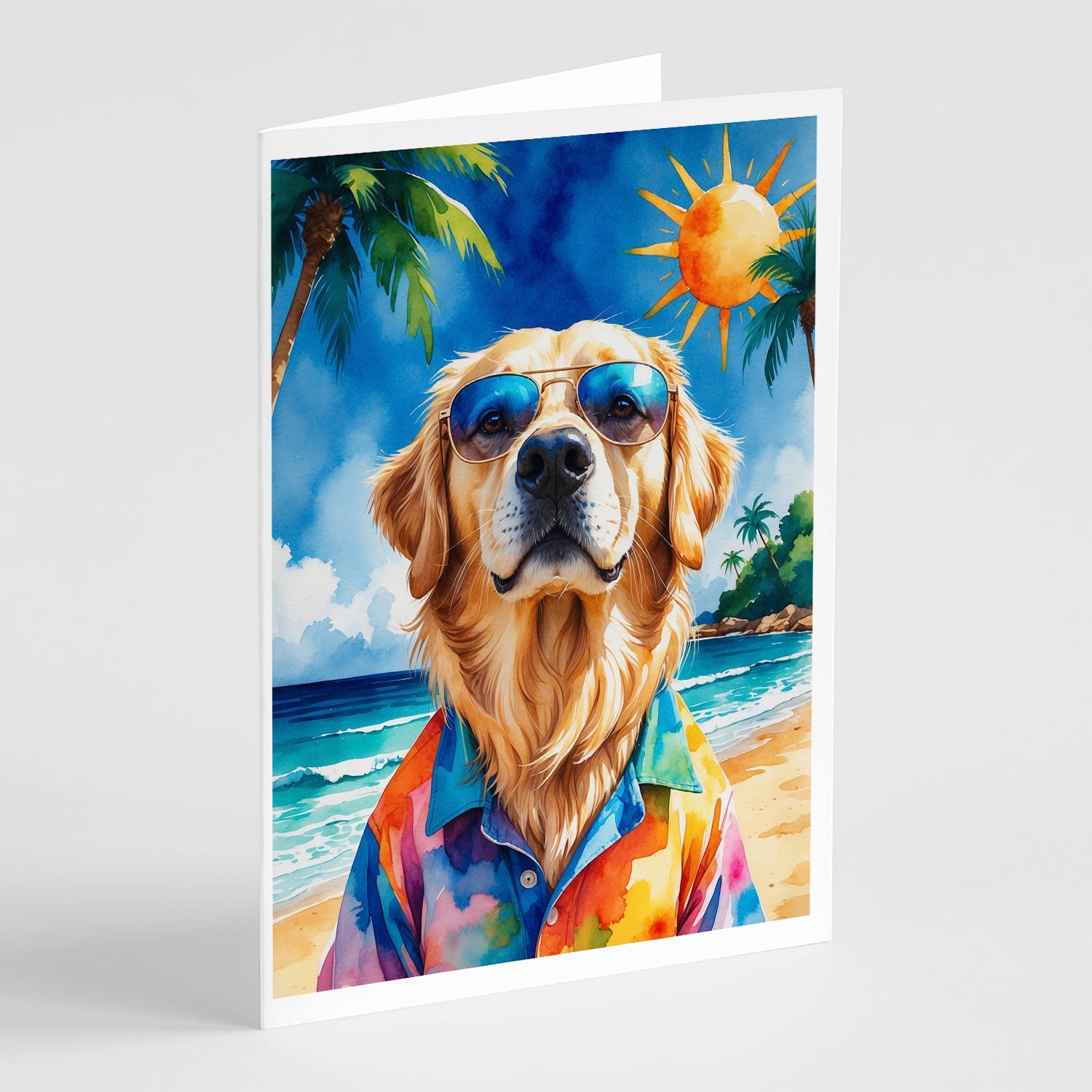 Golden Retriever Summer Beach Time Greeting Cards Pack of 8 Blank Cards with Envelopes Whimsical A7 Size 5x7